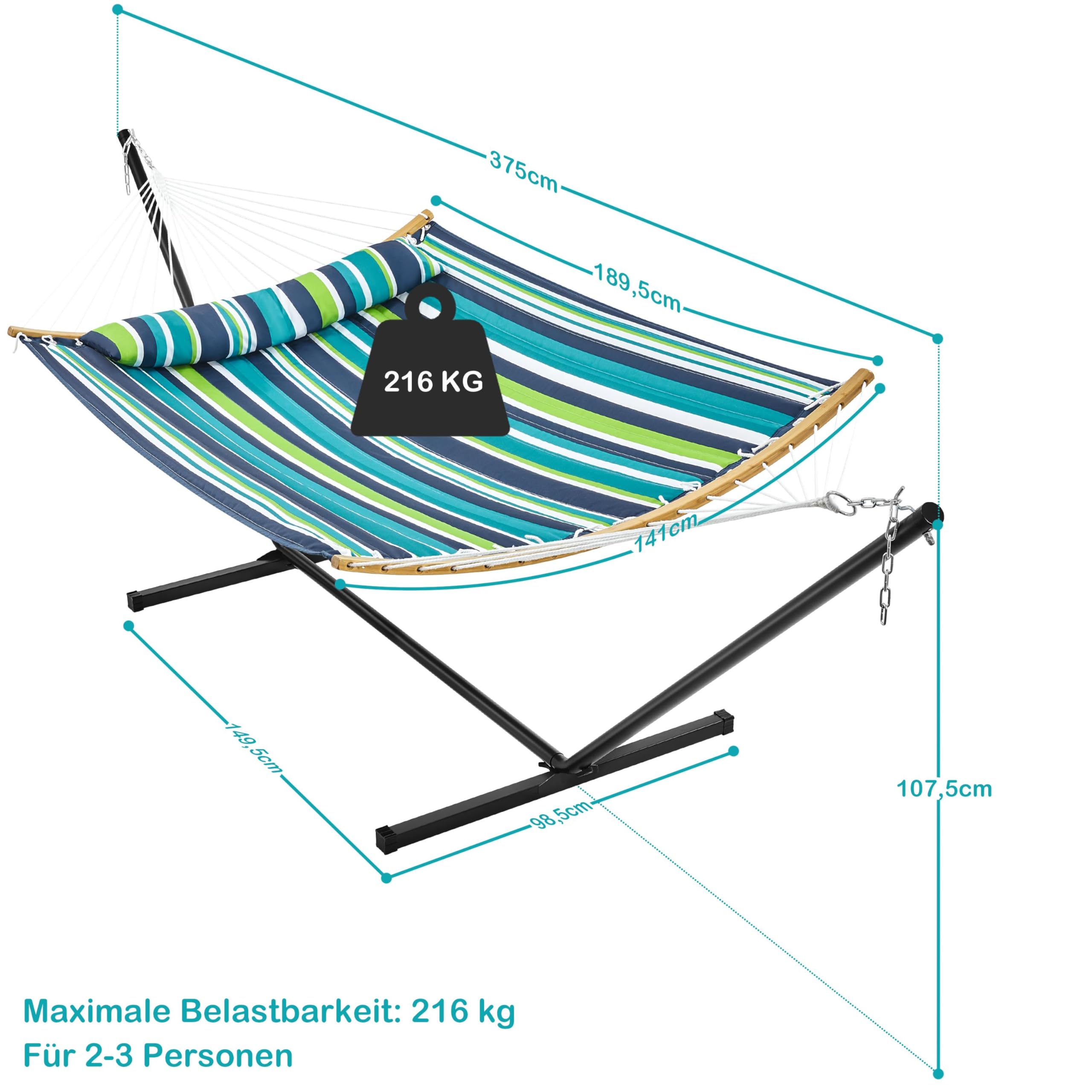 Yaheetech Hamak ze stelażem i poduszką, podwójny hamak XXL, ze stojakiem, obciążenie do 216 kg, dla 2-3 osób, z regulacją wysokości, do użytku na zewnątrz i wewnątrz, zielone paski