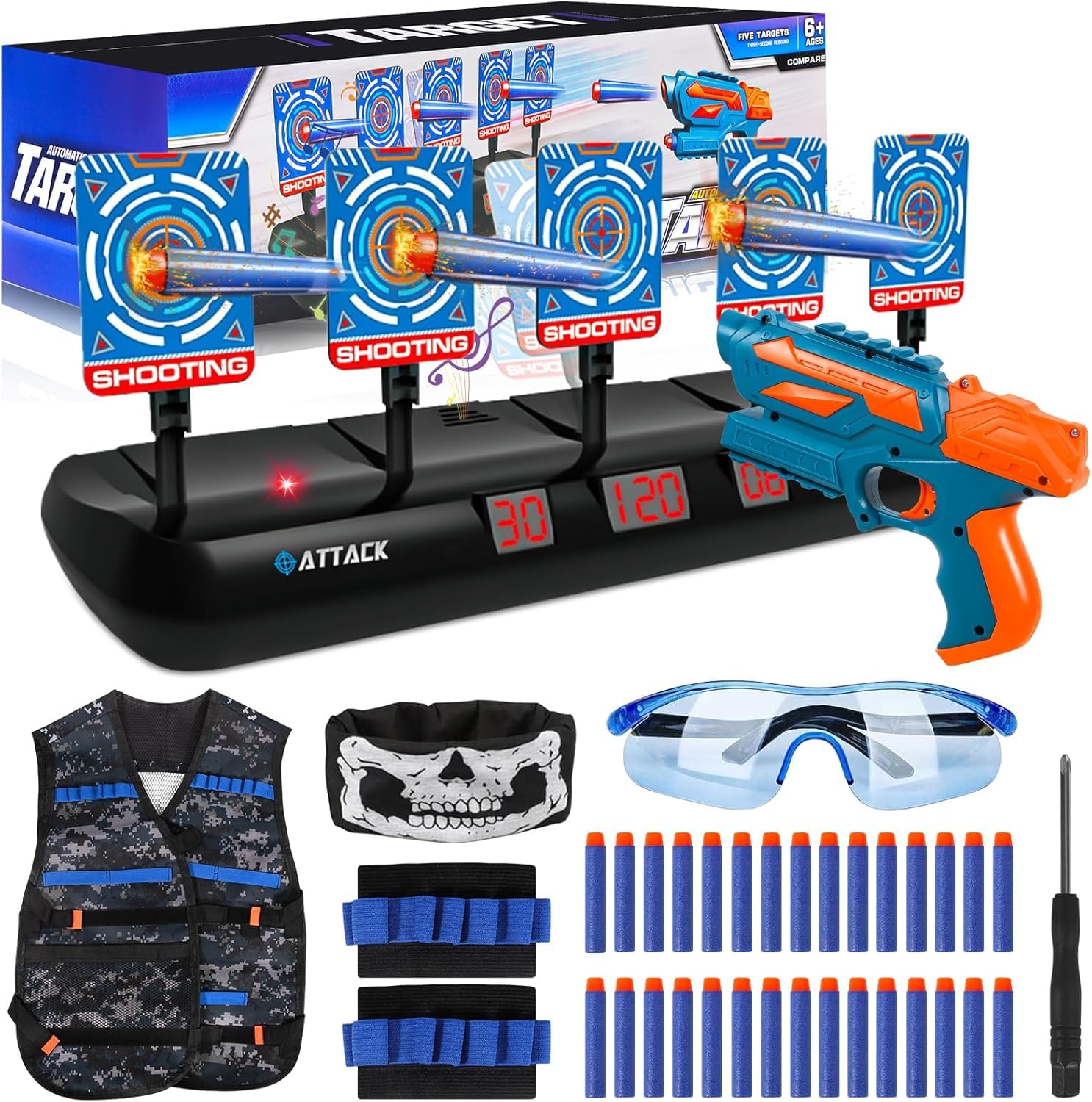 Cible pour Nerf avec 5 Cibles 3 Modes, Cible avec Pistolet Jouets, Gilet Tactique, 30 Mousse Fléchettes, Jeu Electronique de Tir avec Effet Lumineux et Sonore, Jouet pour 3+ an Garçons Filles