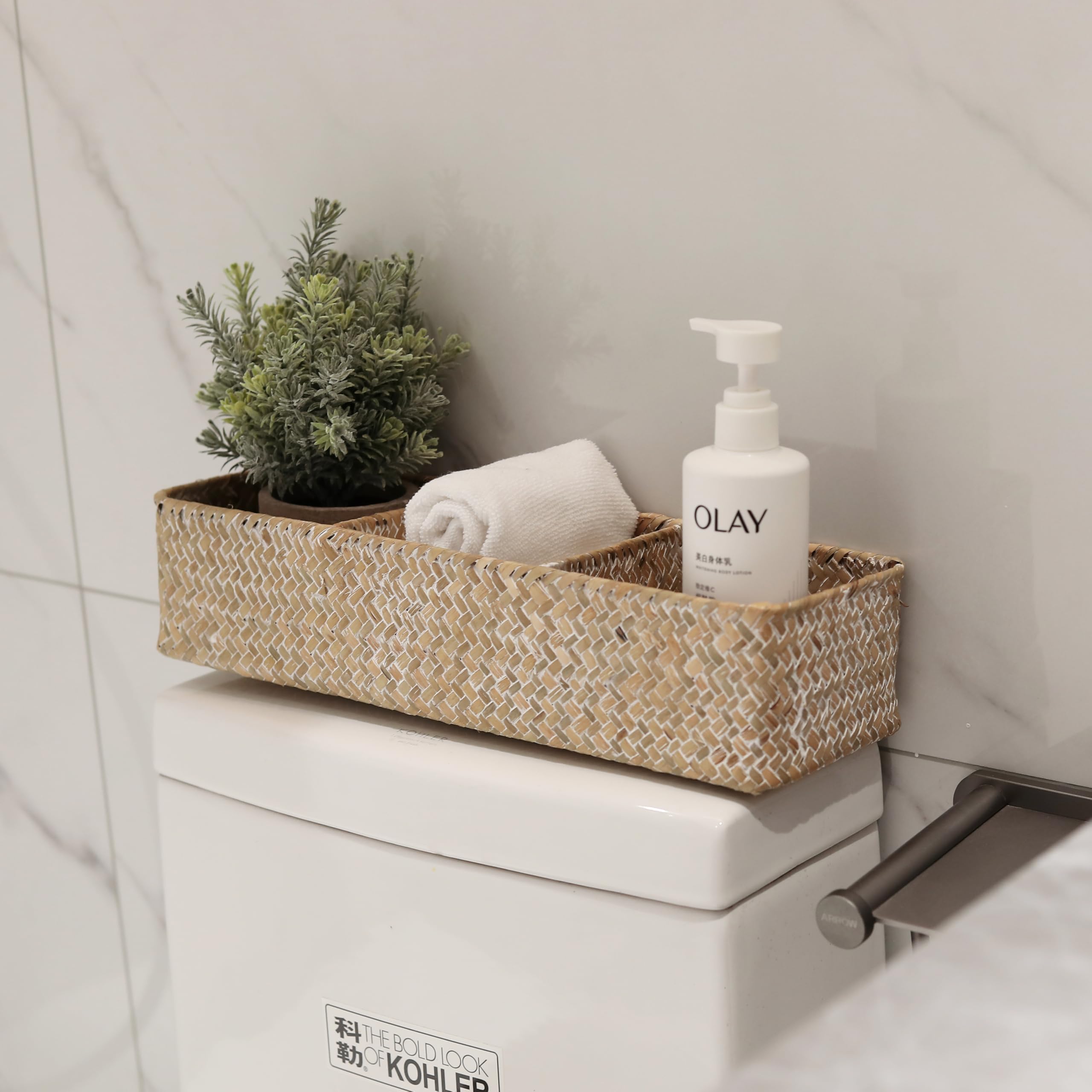 Panier Rangement Jonc de Mer Rectangulaires Malle en Osier avec Compartiment pour Organiser des Jouets de Collation en Papier Toilette (Blanchir 42cm x 14cm x 9cm)