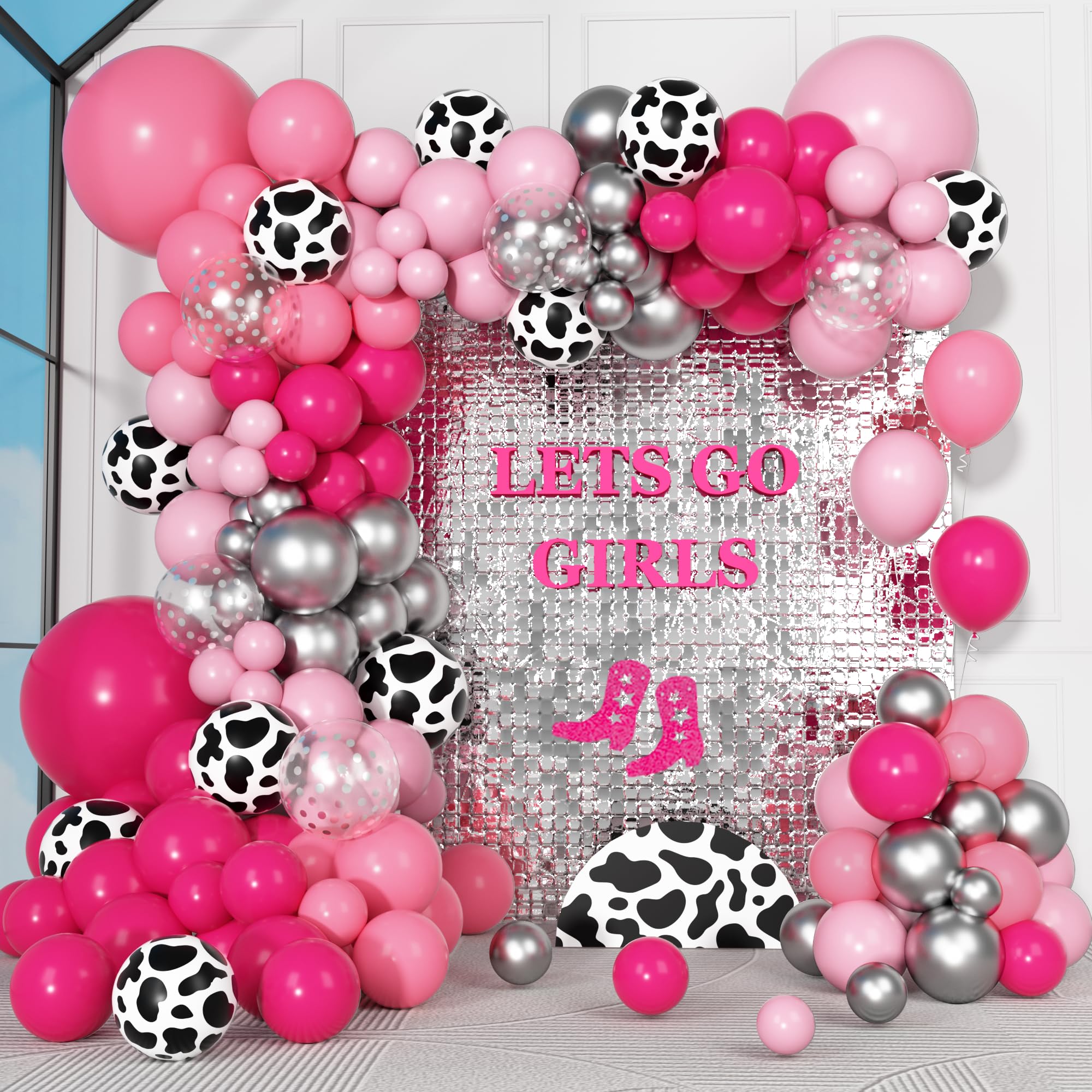 170Pcs Cowgirl Balloons Arch Garland Kit, Hot Pink Silver Cow Print Balloons for Last Rodeo Bachelorette Western Let's Go Girl Cowgirl Baby Shower