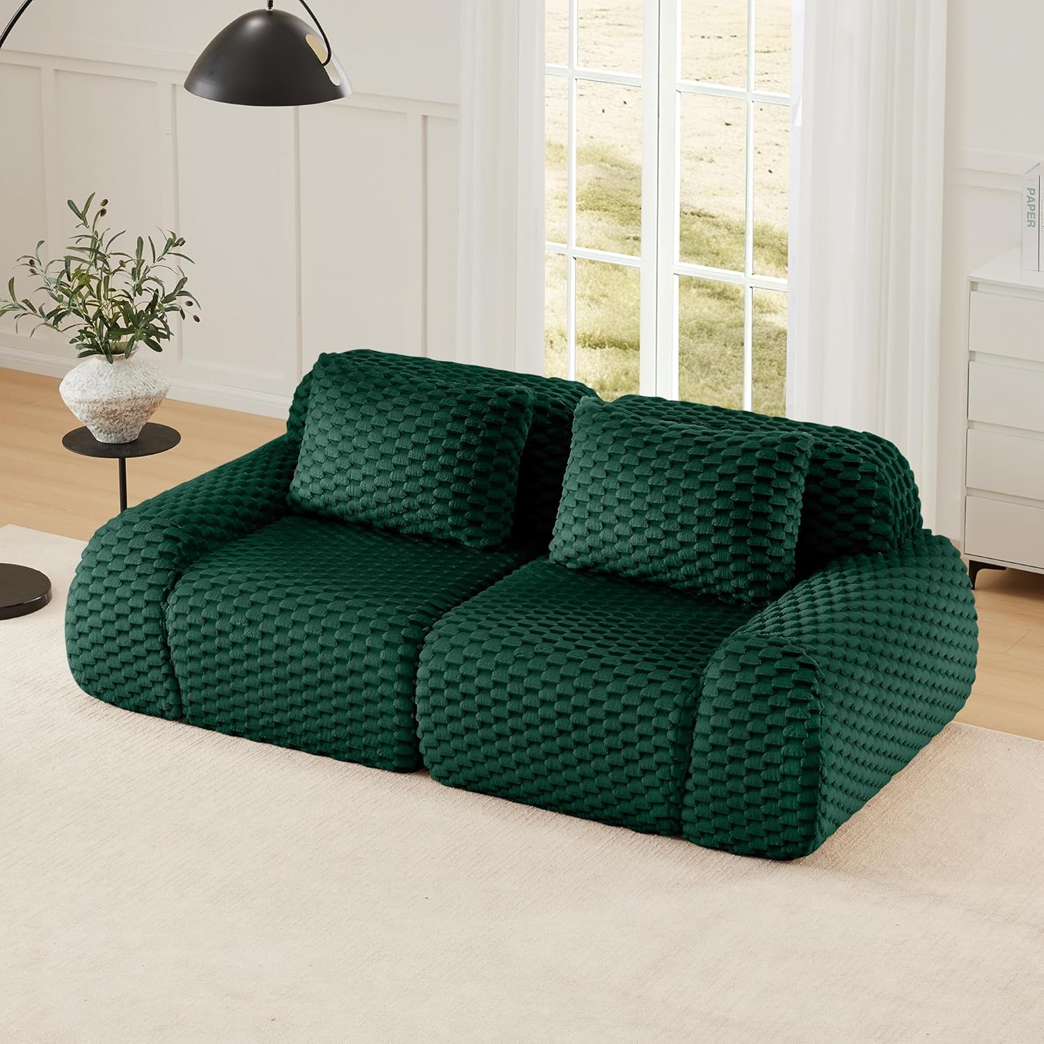 KEIKI 82" Flannelette Fabric Modular Sectional Loveseat Sofa with High-Density Foam Cushion & 2 Pillow, Boneless Oversized Anti-slip Design 2-Seater Couch, No Assembly Required, for Living Room, Green