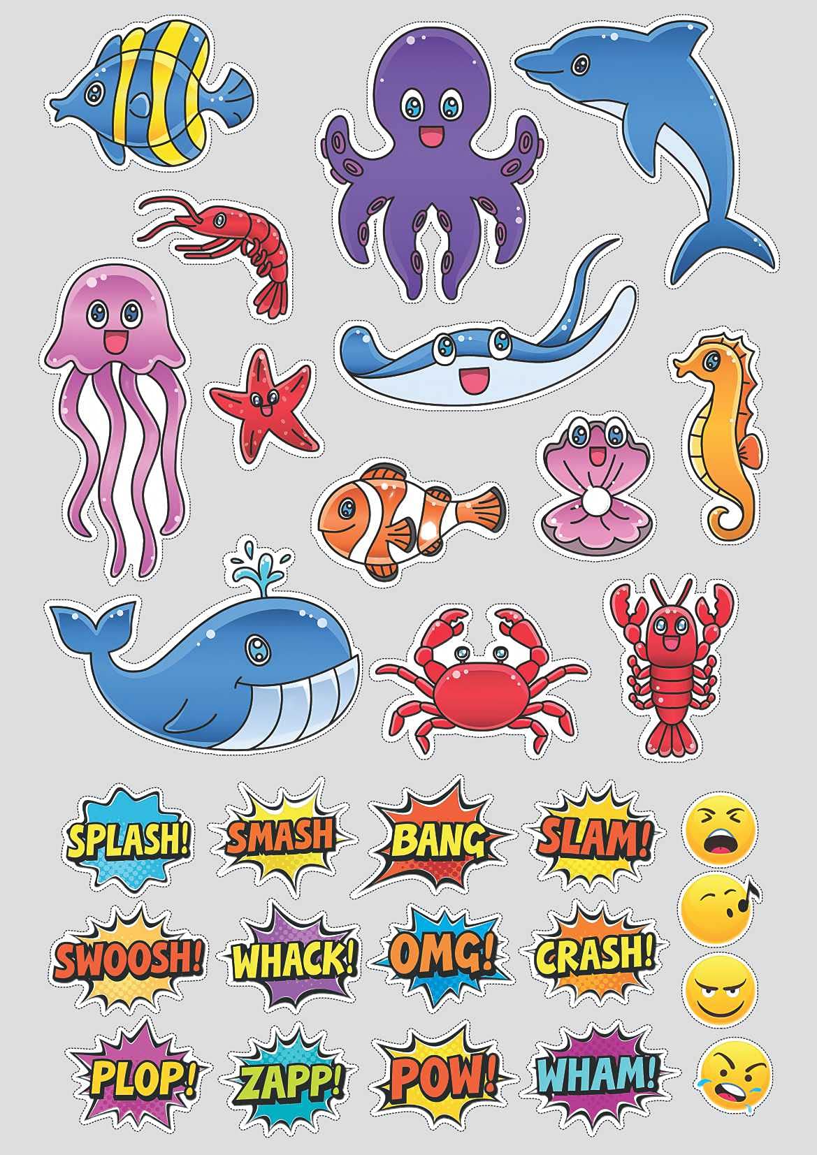 CVANU Underwater Creatures with Emoji Sticker Gumming Sheet Stickers for Mobile, Laptop(Size 46cm X 31cm) Multicolor