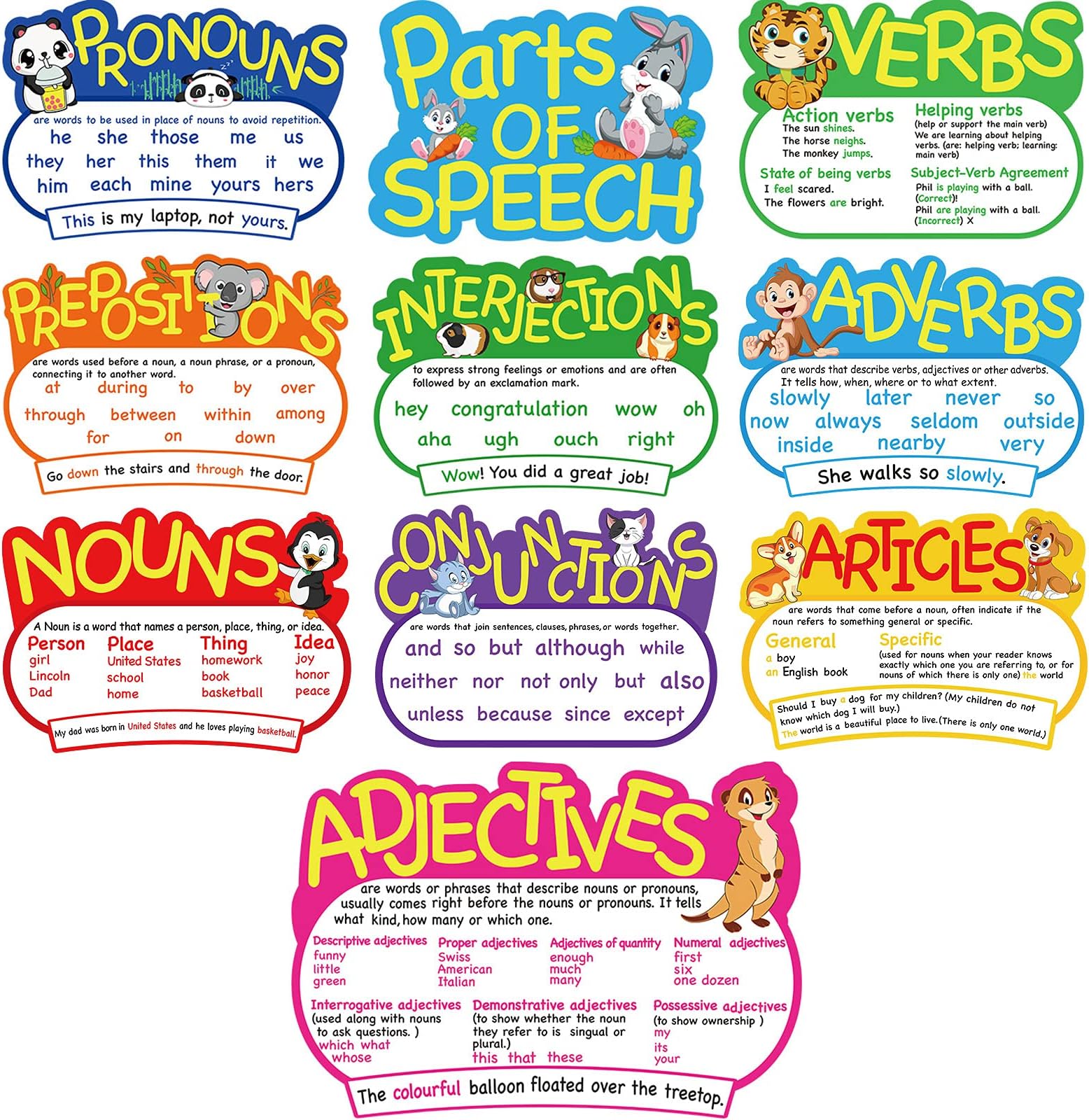 Outus 10 Pcs Parts of Speech Poster Grammar Poster Educational Grammar Cutouts Bulletin Board Set for Classroom Teachers Elementary Homeschool Essentials, 16.5 x 11.5 Inches (Bright Color,Animal)