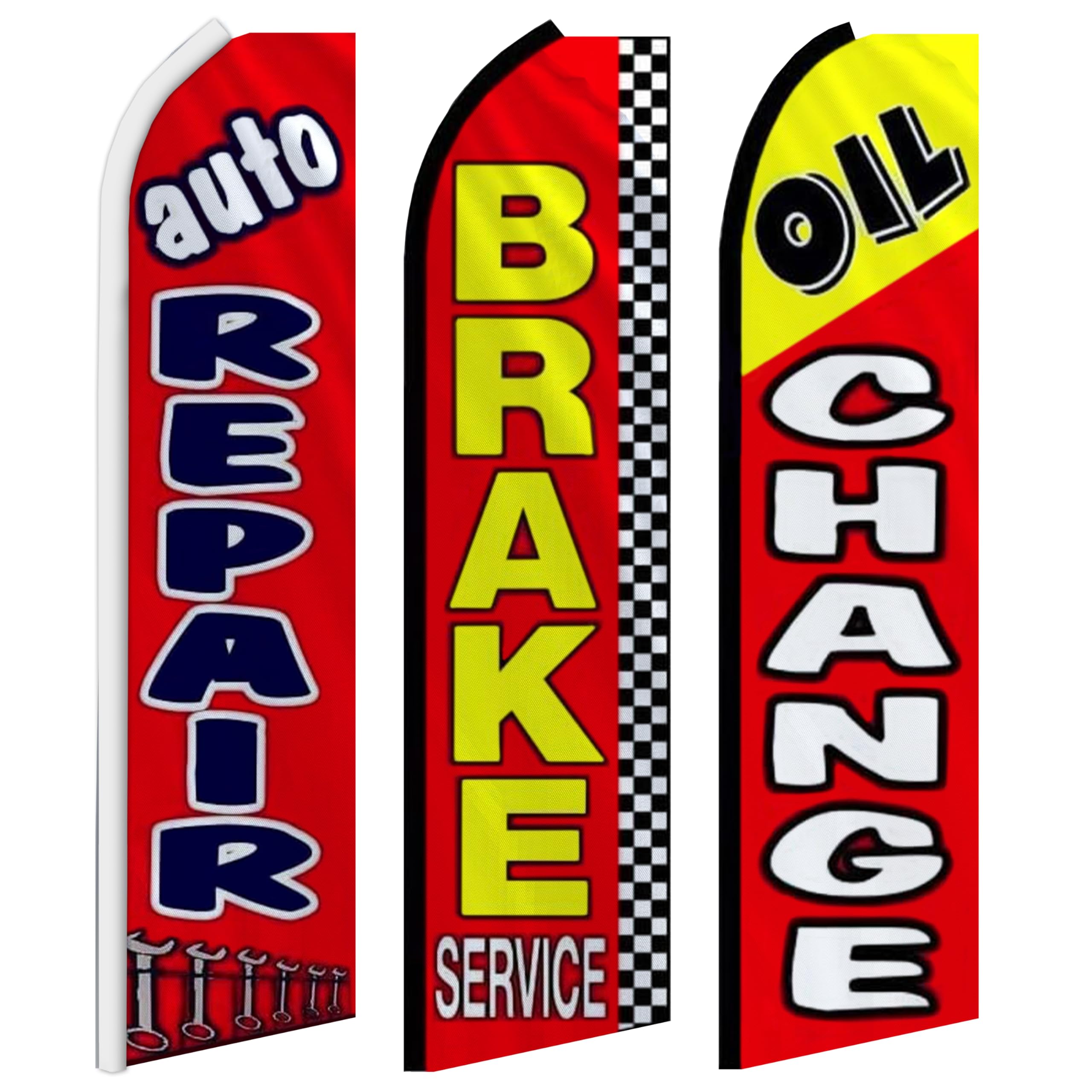 3 Pack of AUTO Repair, Brake, Oil Change - Windless Swooper Flag Kit 15' Feather