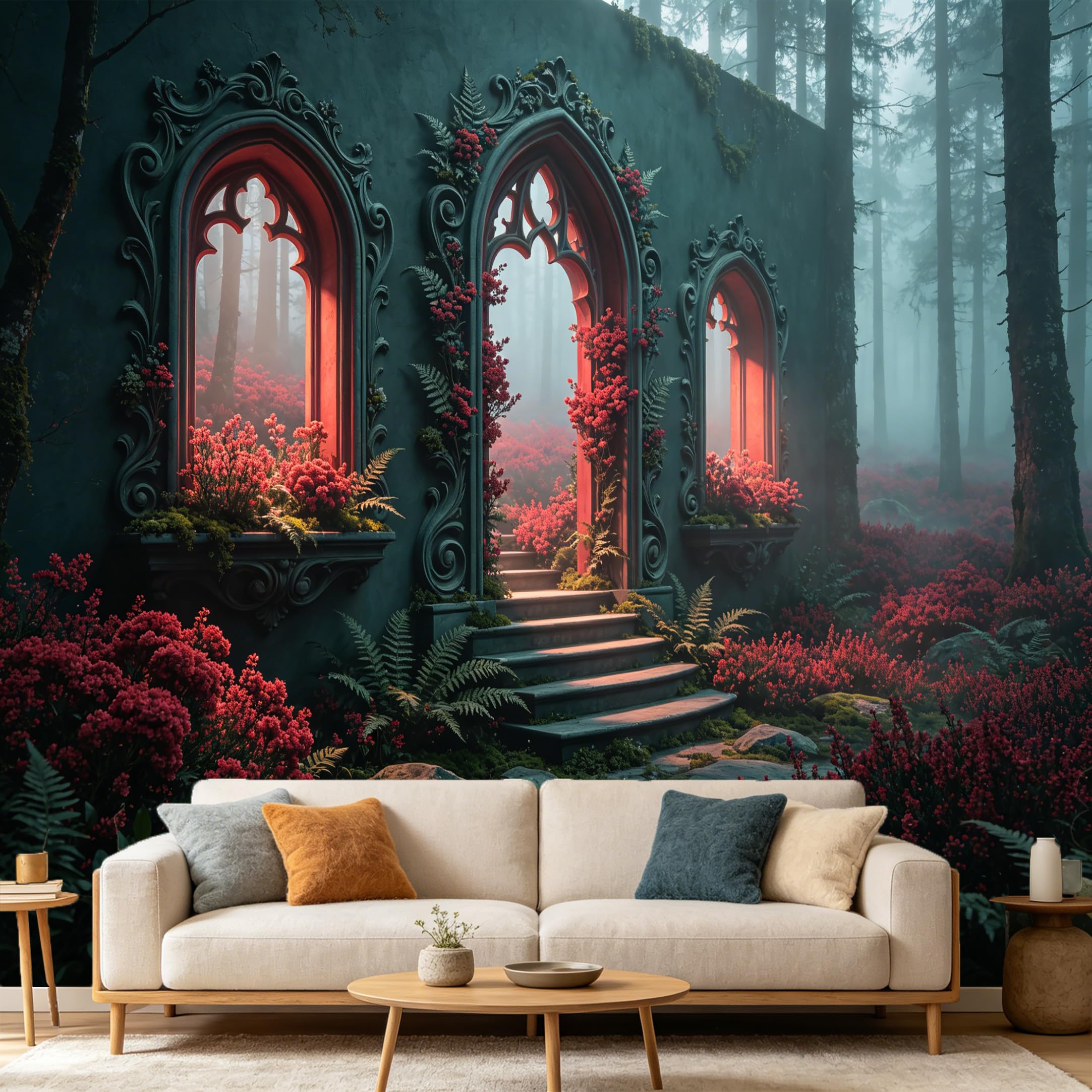 Custom Size Wall Mural Gothic Archway Red Flowers Misty Forest Landscape， SelfAdhesive Art Prints wall Fabric Removable Large Wallpaper Home Living Room Decor 3D View
