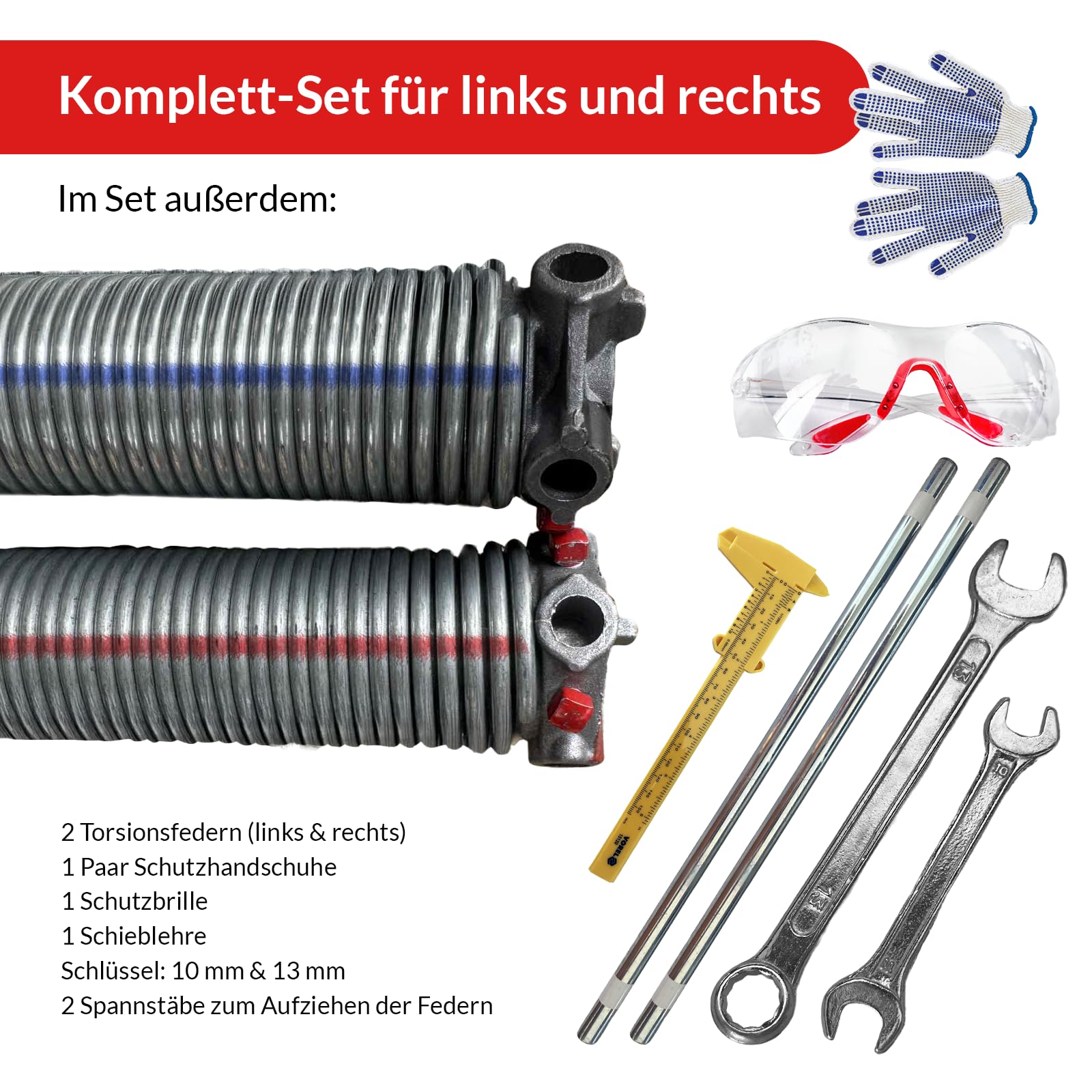 KASTOM Garagentor Torsionsfedern Set SPRINGSERVICE verzinkt 1 Paar Federn links rechts – Ersatzfedern Torfeder Satz + Zubehör – Größen 51 5,0–6,5 mm für Sektionaltor