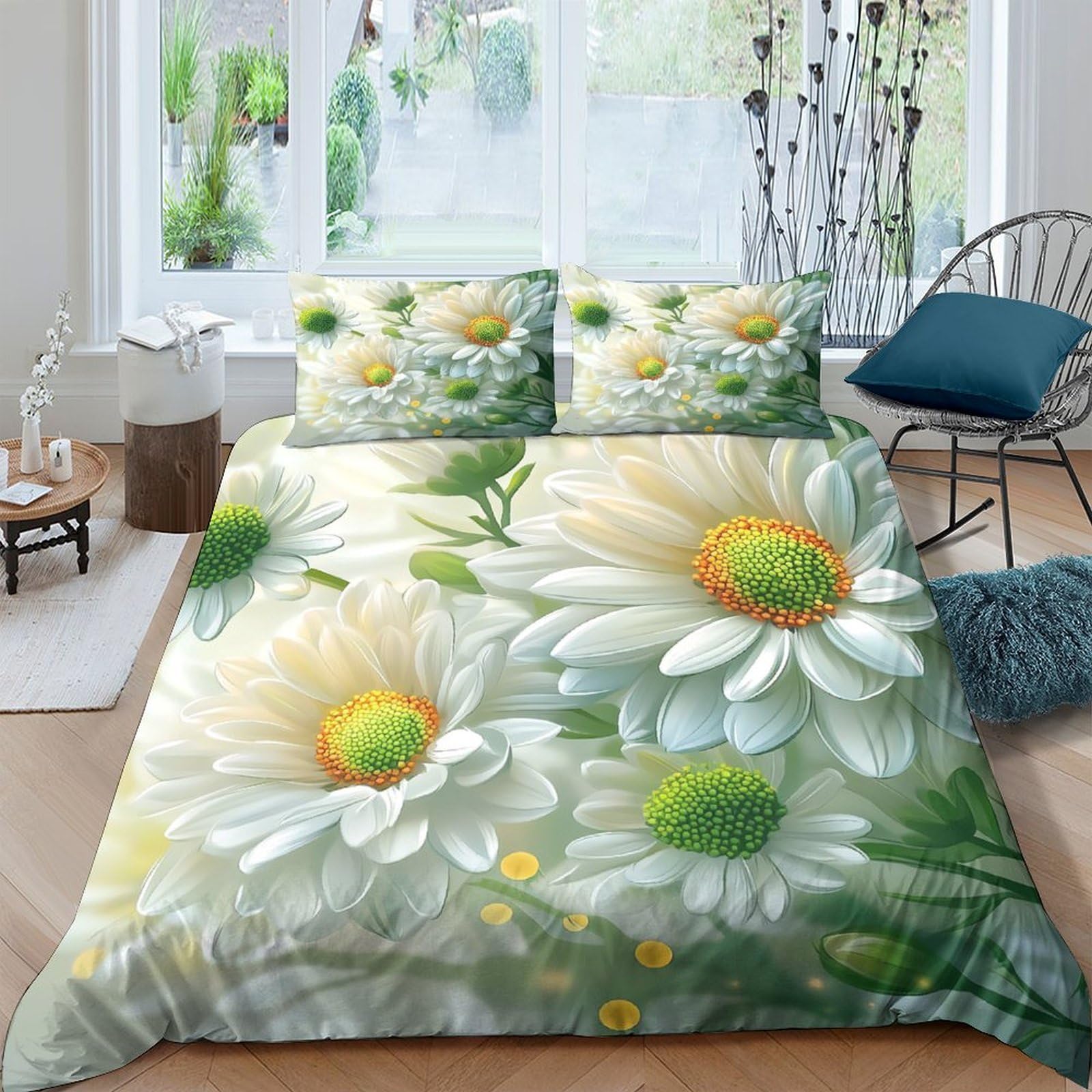 Ctjqhvkz Style-3 3D Printed Daisy Blossom Fitted Sheet Microfiber Soft Green Floral Mattress Cover For Bedroom Dorm Home Decoration Single（135X200cm）