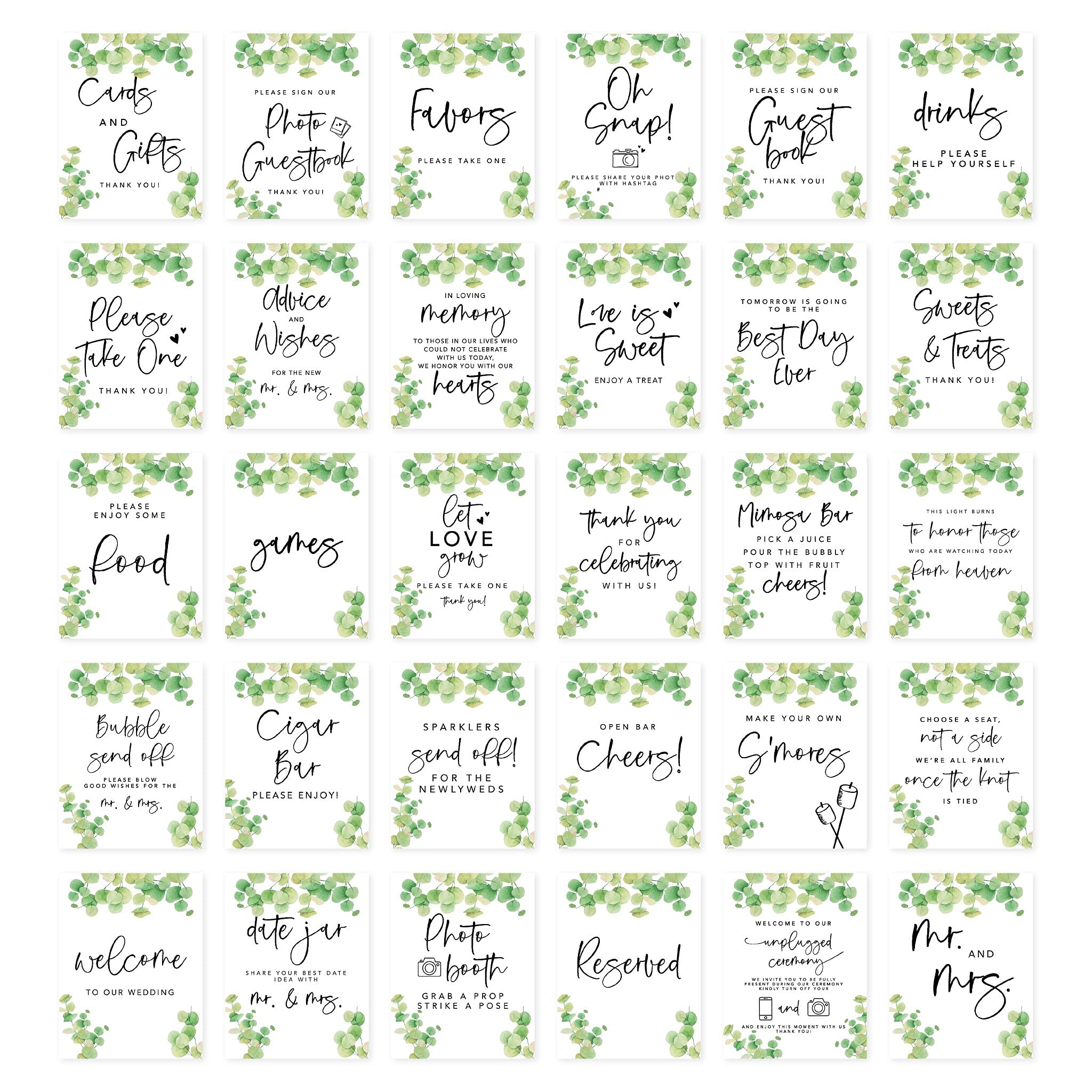 Andaz Press Watercolor Eucalyptus Leaves Wedding Signs Bundle 30-Set for Ceremony, Reception Decor Signage, Includes Cards and Gifts, Reserved, Mr. & Mrs., Memorial, Guestbook, Favors, 8.5 x 11,