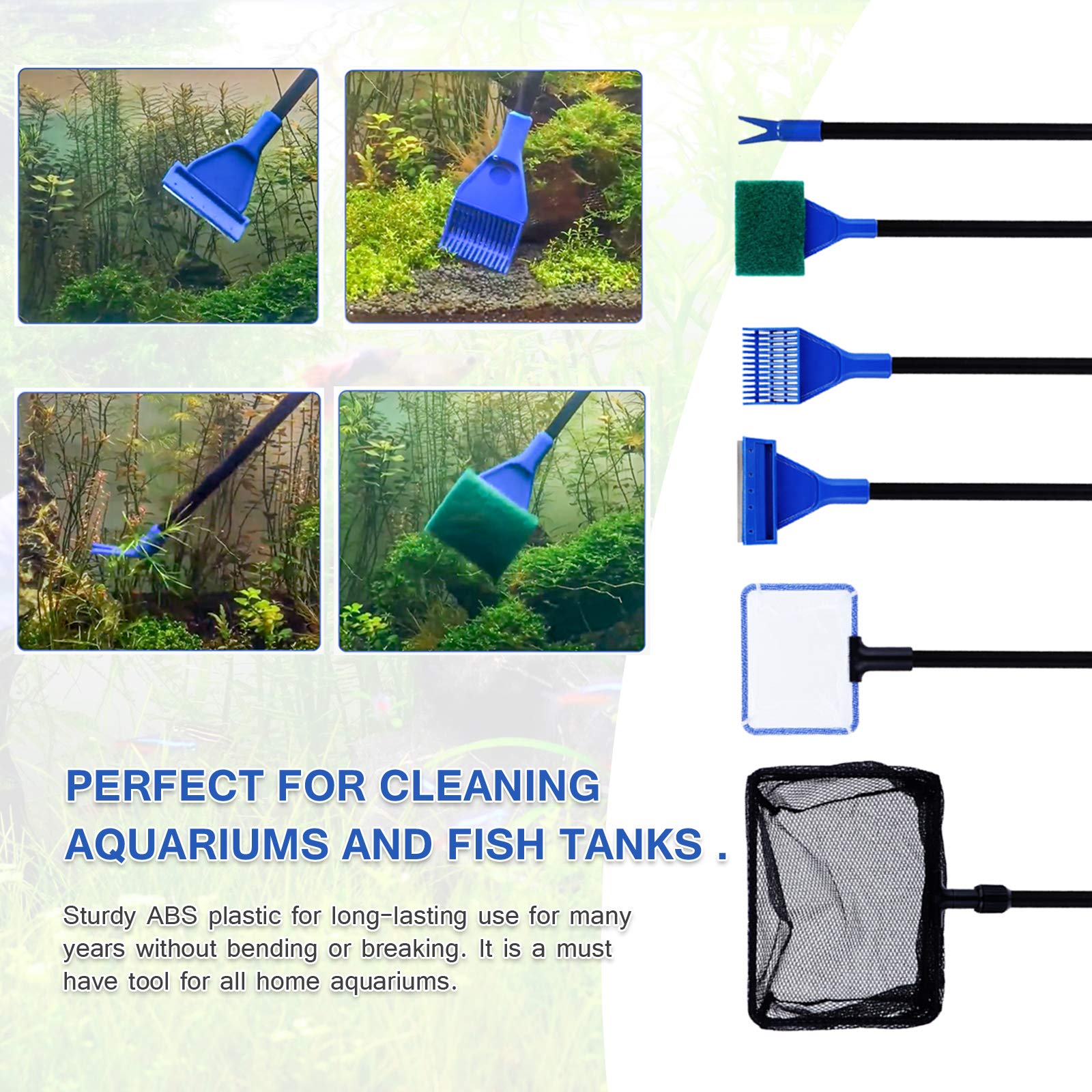 Kit D'outils de Nettoyage 9 en 1 pour Aquarium, épuisette de Poisson, Râteau, Fourche, Grattoir, éponge et Acier Inoxydable, Kit D'outils D'aquarium