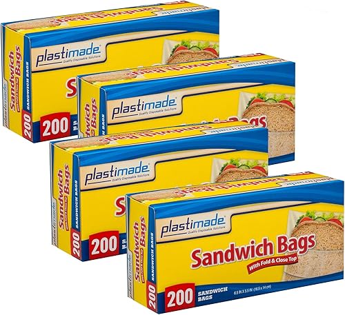 Plastimade Bolsas para sándwich con parte superior plegable y cerrada (6.5 pulgadas x 5.5) en 200 unidades, paquete de 4