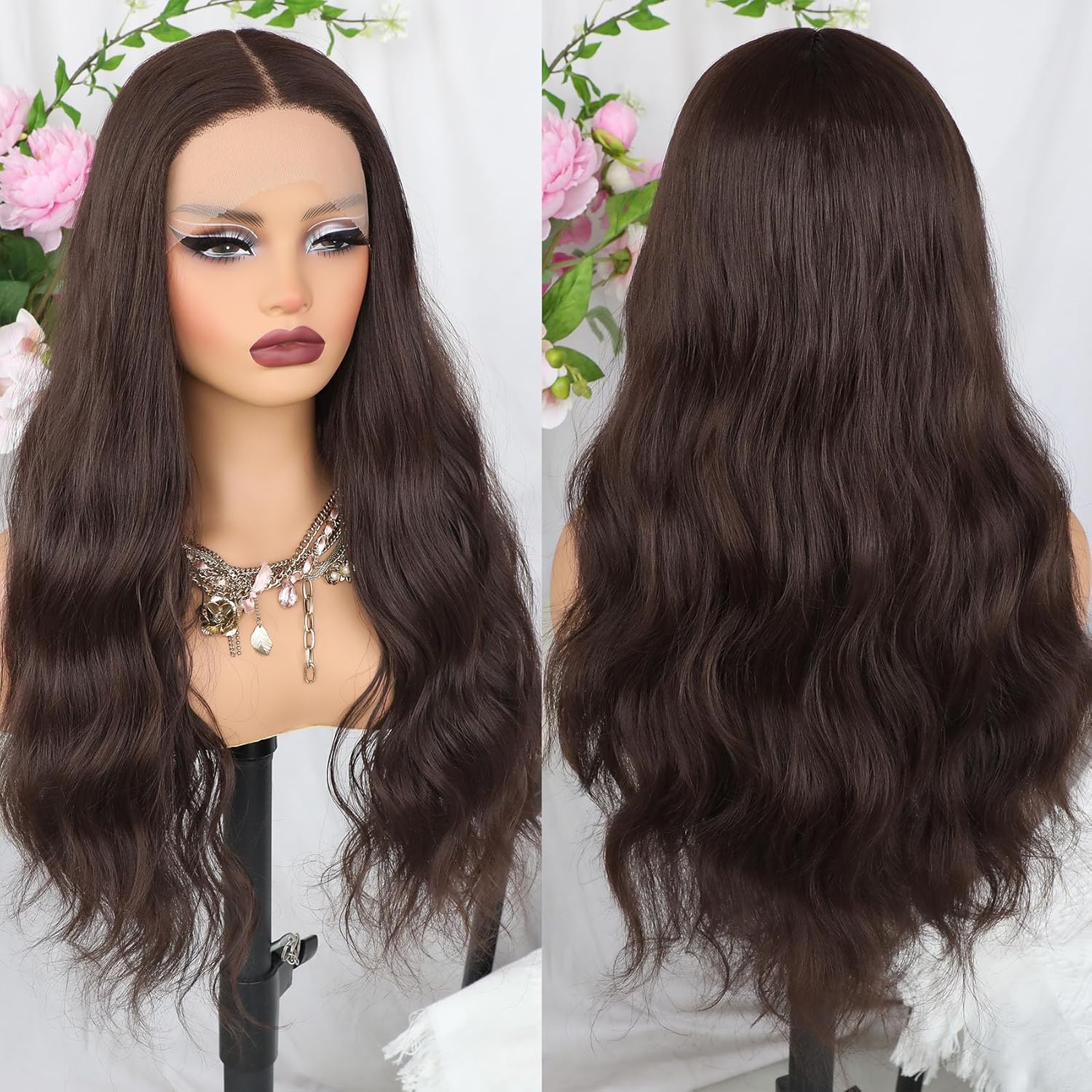 Lovestory Loose Wave Lace Front Wigs Synthetic Brown Hair Color Long Wavy Glueless Synthetic HD Lace Wigs for Women Pre-plucked Hairline