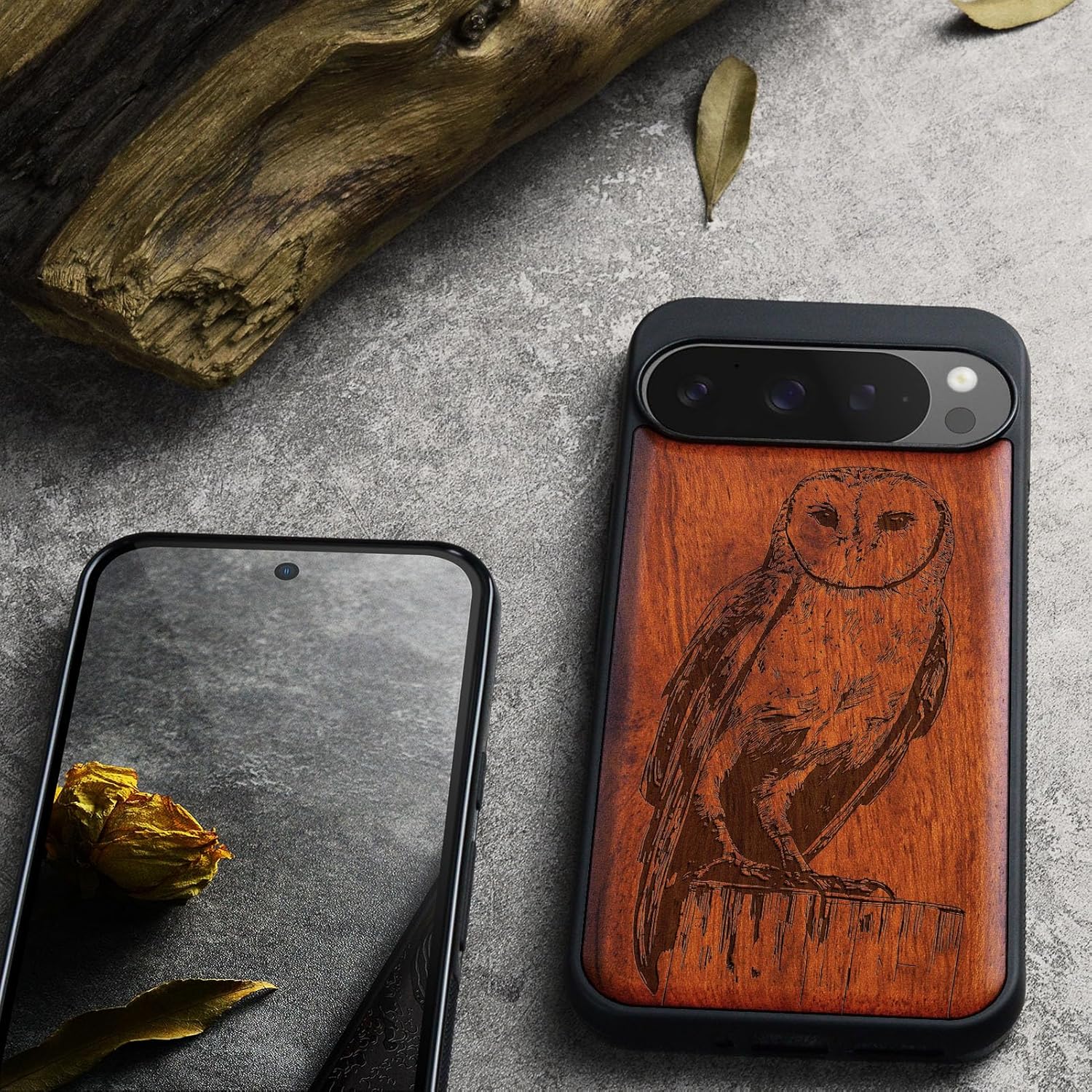Carveit Magnetic Wooden Case for Pixel 9 Pro Google 9 Pro Case, Wood Artisan Engraved & Soft TPU Shockproof Cover, Compatible with MagSafe Wireless Chargers (Barn owl) Rosy