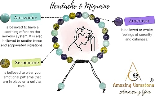 Miniatura 2 de Amazing Gemstone Pulsera para dolores de cabeza y migrañas, conjunto de pulseras de amatista serpentina amazónica para hombres y mujeres, curativa
