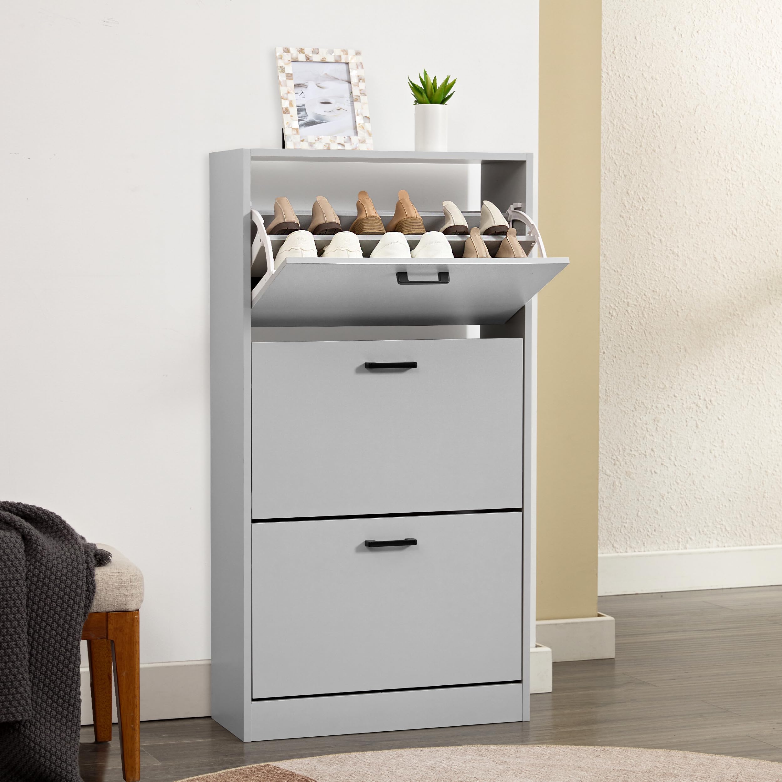 Shoe Storage Cabinet for Hallway Shoe Storage Organiser with 3 Drawer Shoe Rack 3 Tier Storage Cabinet Freestanding Footwear Stand for Hallway, Entryway, Living Room, Light Grey, 60W x 24D x 112H cm