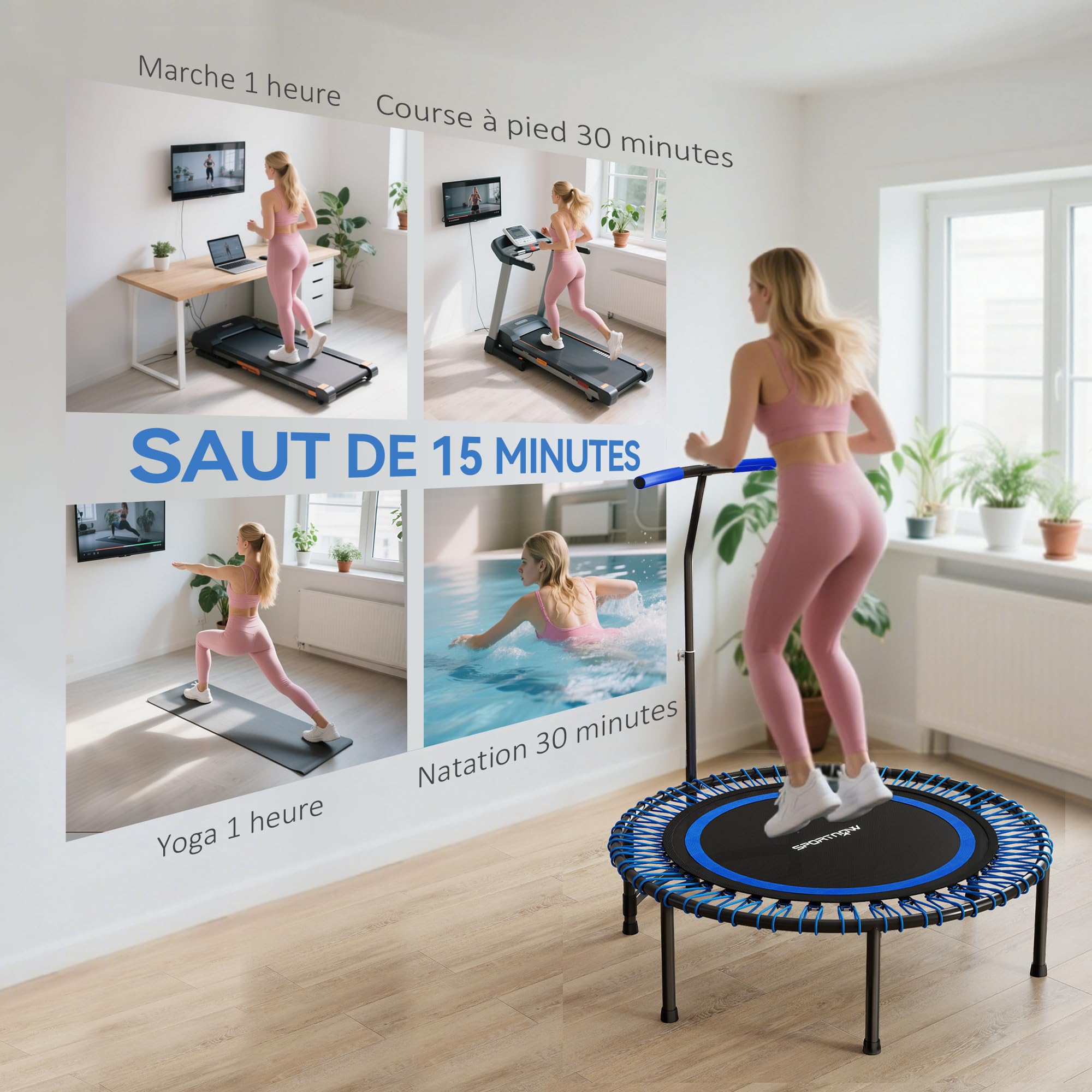 SPORTNOW Trampoline de Fitness 114 cm avec Cordes élastiques, poignée réglable sur 5 Positions, Trampoline Adulte Charge 200 kg Stable et Silencieux pour entraînement intérieur, Bleu