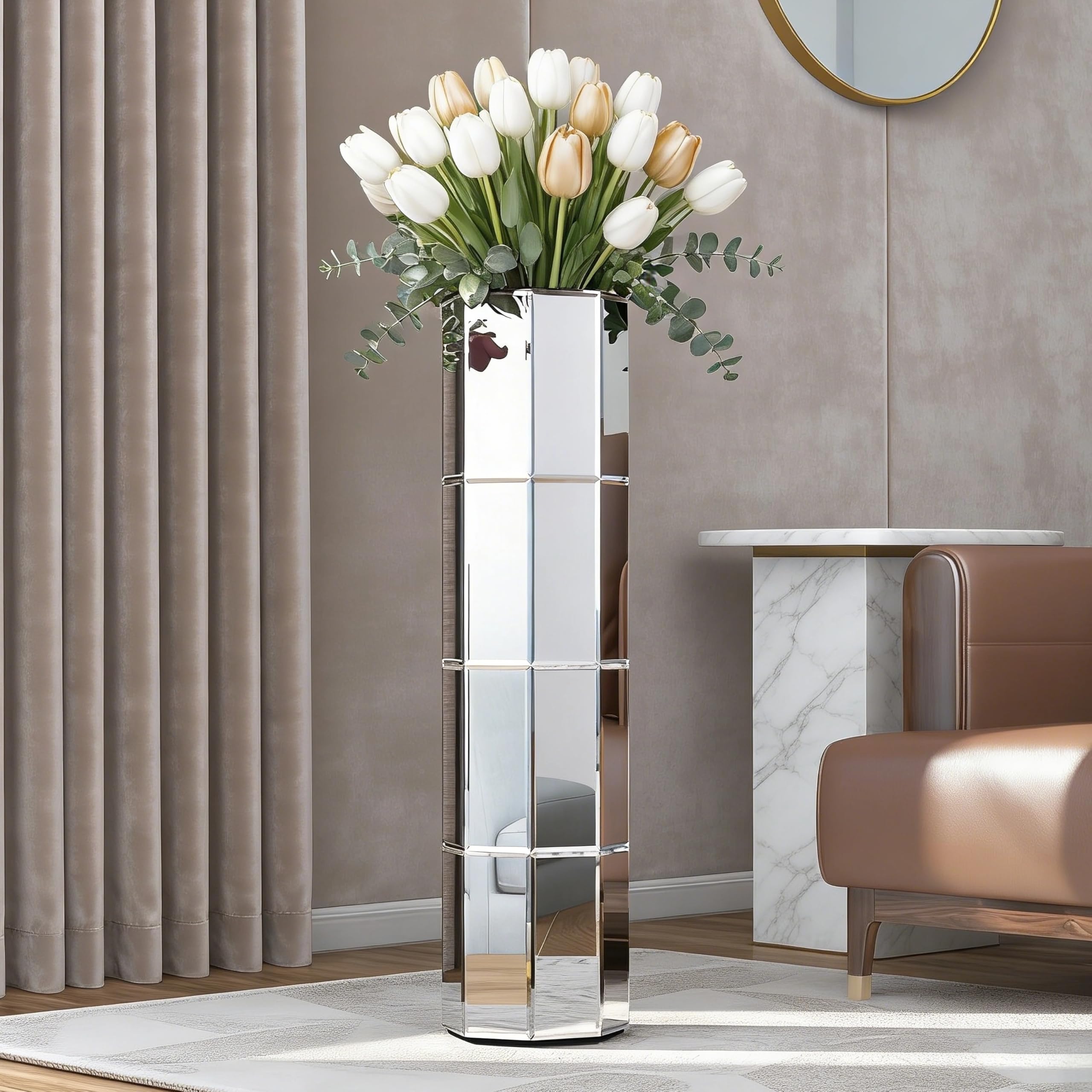 Mirror Floor Vase 28 inch High, Silver Decorative Glass Tall Vases for Decor Living Room Large Big Cylinder Standing Vase for Bedroom Home Corner Indoor Office