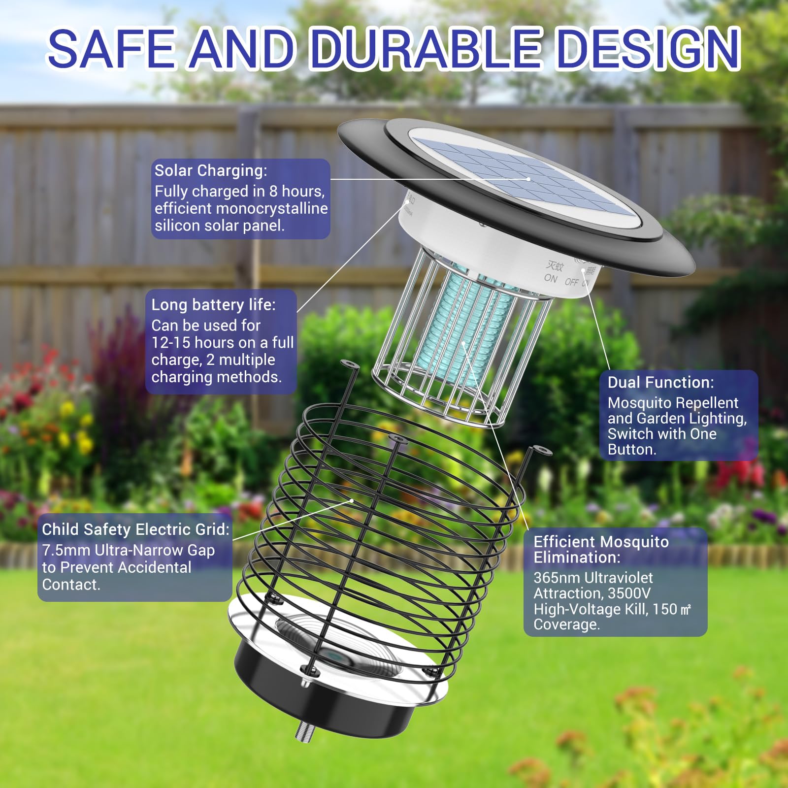 Lámpara solar antimosquitos 2 en 1 – 3500 V de alto voltaje, batería de 4400 mAh, cobertura de 150 ㎡ – IPX5 resistente al agua y luz UV – matainsectos eficaz con iluminación de jardín – para patio