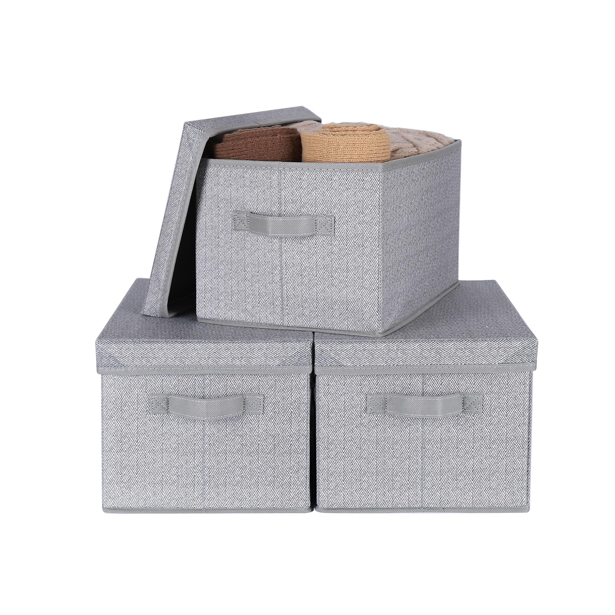 WUIKE 3 Pack Large Storage Bins with Lids, Fabric Closet Shelf Organizers, FoldableStorage Baskets with Cover for Bedroom, Herringbone Gray
