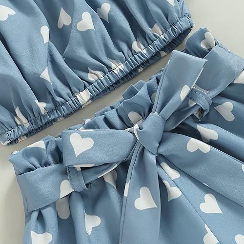 Miniatura 6 de MABABY Conjunto de pantalones cortos de ropa para niños y niñas pequeñas estampado de corazón volantes manga corta hombros descubiertos pantalones