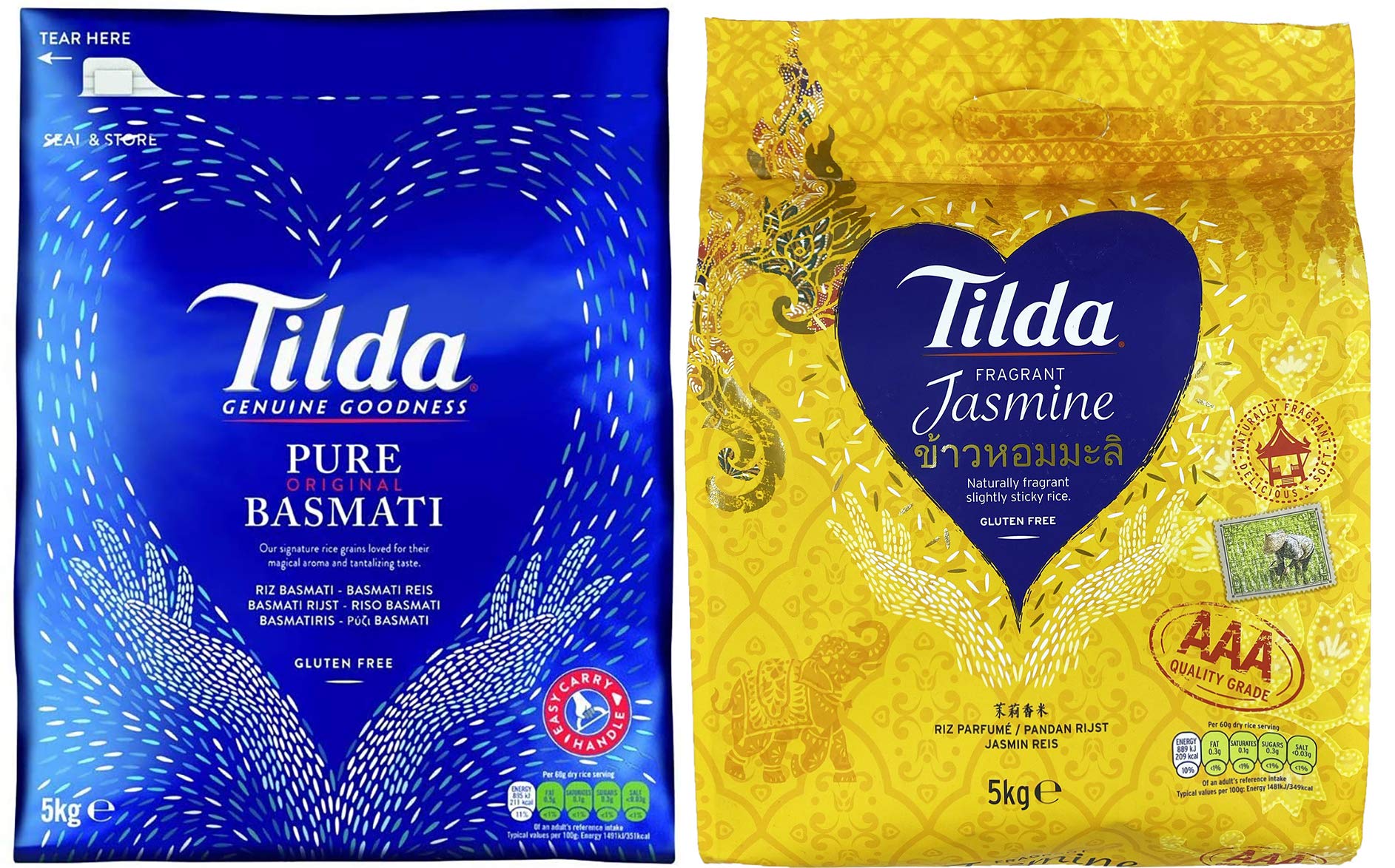 Dúo descubrimiento Arroz TILDA: Arroz Basmati Long Pure Original 5 kg + arroz fragante con jazmín 5 kg – Sin gluten