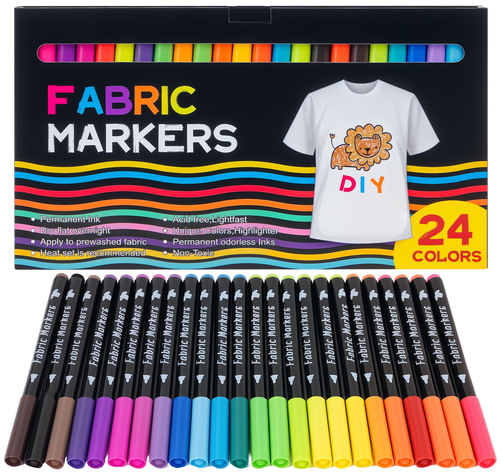 BLISSIQUEE Fabric Pens Permanent for Clothes 24Pcs, 24 Color Laundry Pen
