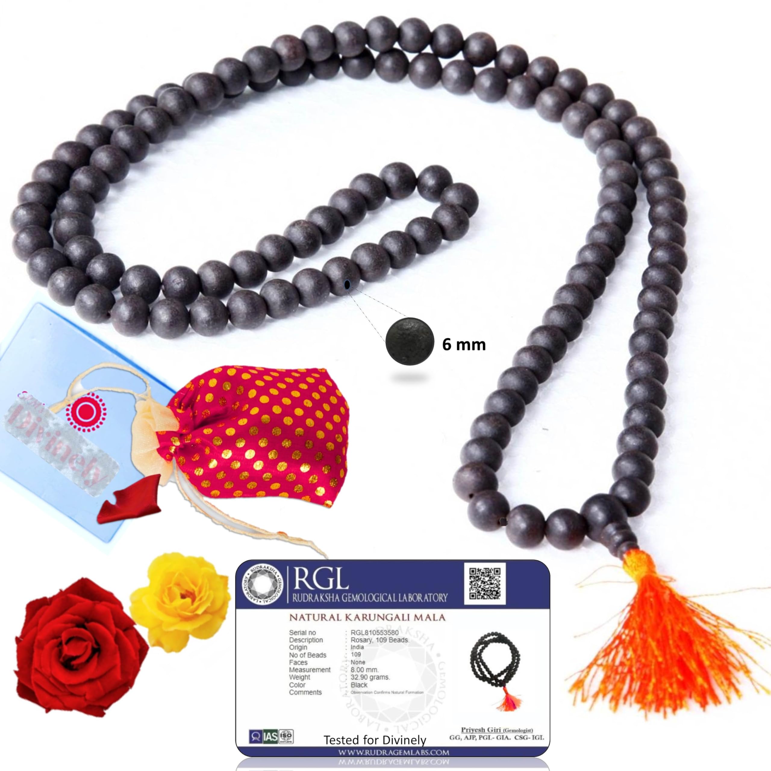 Divinely 100% Natural Unpolished Karungali Malai Original 6mm | Certified Elastic Thread Karungali Mala Original | Black Ebony Wood Necklace for Spiritual Growth & Meditation