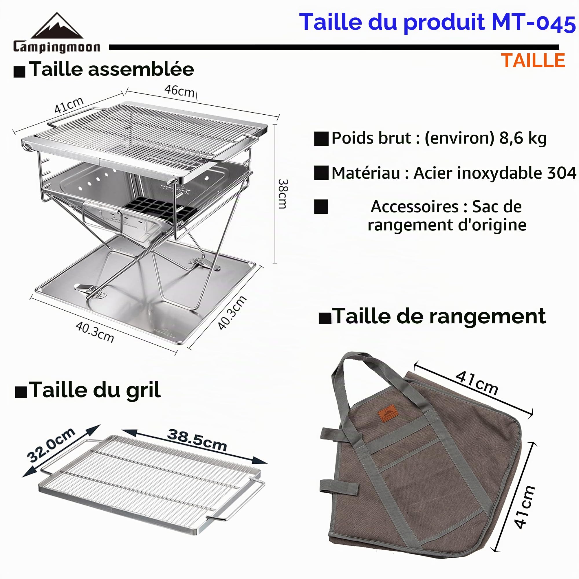 Campingmoon Barbecue Grill Brasero Pliable en Acier Inoxydable Grand MT-045