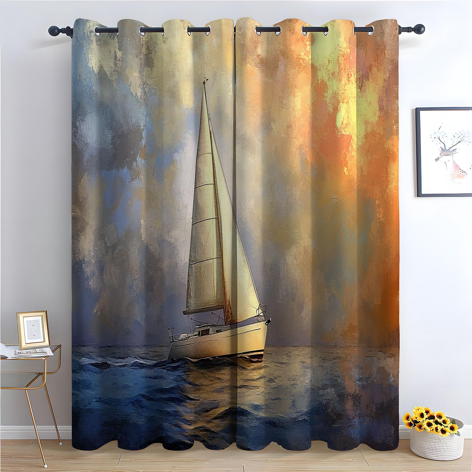 WIKEO Floral Blackout Curtains Sunset pattern Scenery for Living Room Bedroom Eyelet Curtain,Botanical Thermal Insulated Noise Reducing Drapes Sets 2 Panels-52 W x 96" L (Pack of 2)