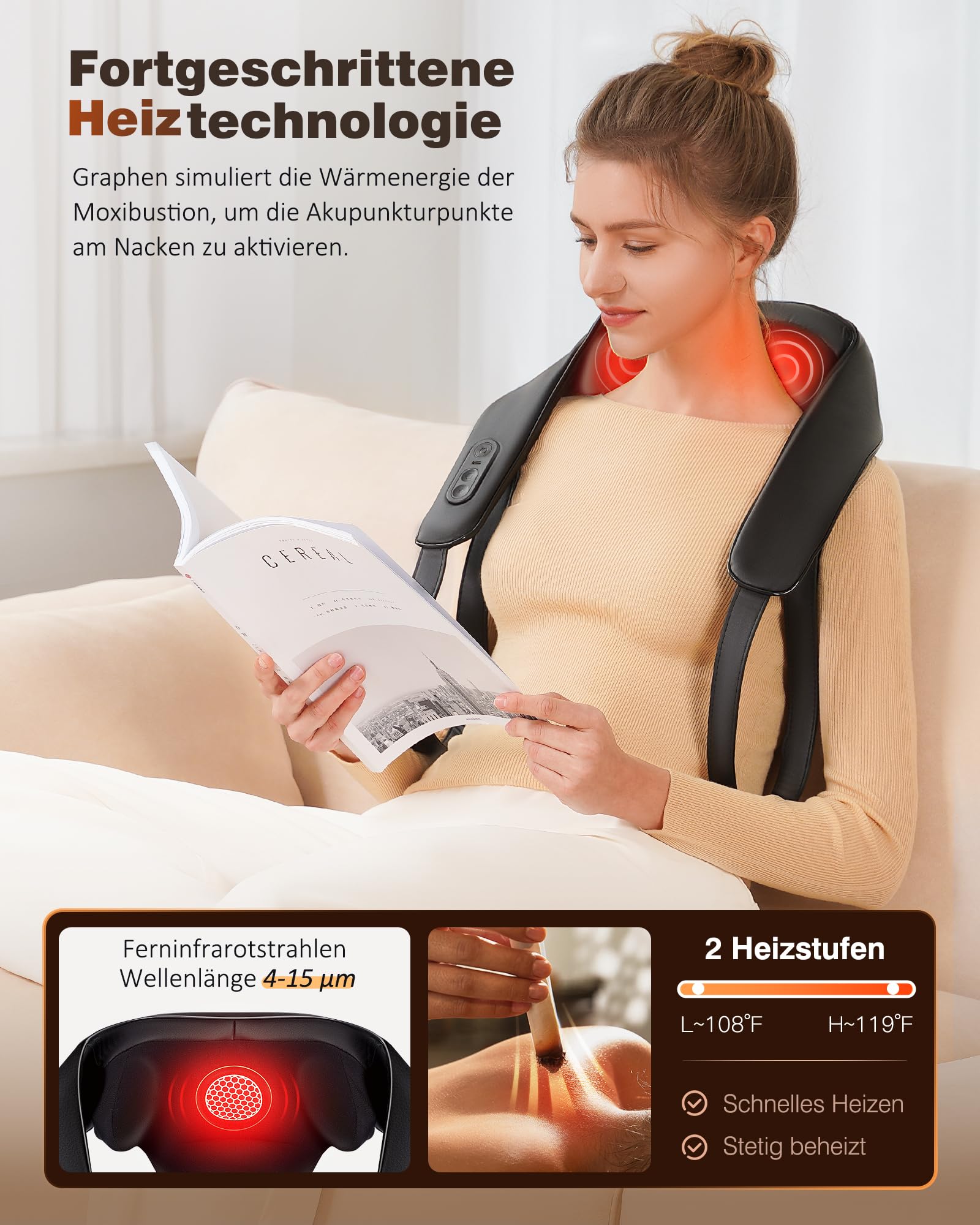 KNQZE® Shiatsu Massagegerät 4D, 2026 Kabellos Nackenmassagegerät mit Wärme, Verbesserte Graphenheizung, 4D Shiatsu Tief knetende Nackenmassage für Nacken, Schulter, Rücken, Geschenke für Frauen Männer