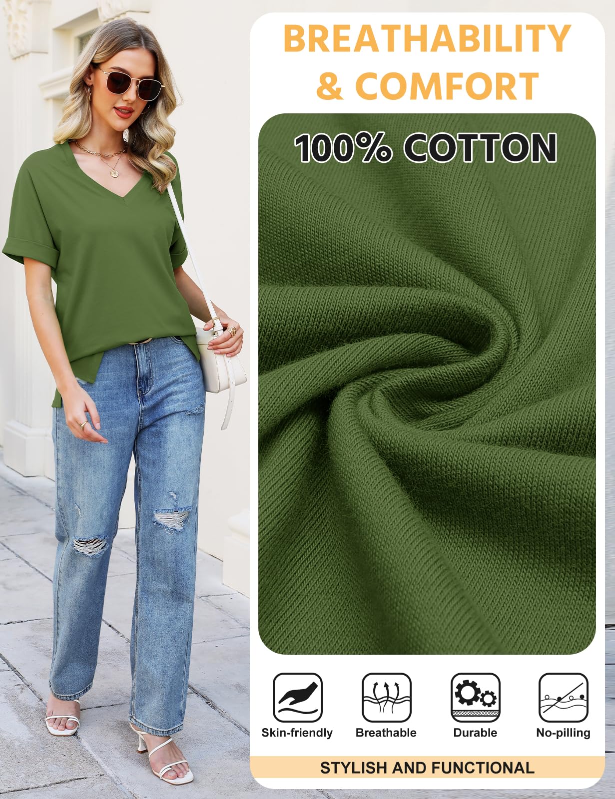 CMTOP T-Shirt Donna Estiva Cotone V Scollo Tinta Unita Maglietta Manica Corta Top Casual Case Camicie Orlo Arrotondato Lungo per Feste Casual Maglietta da Donna Allentate