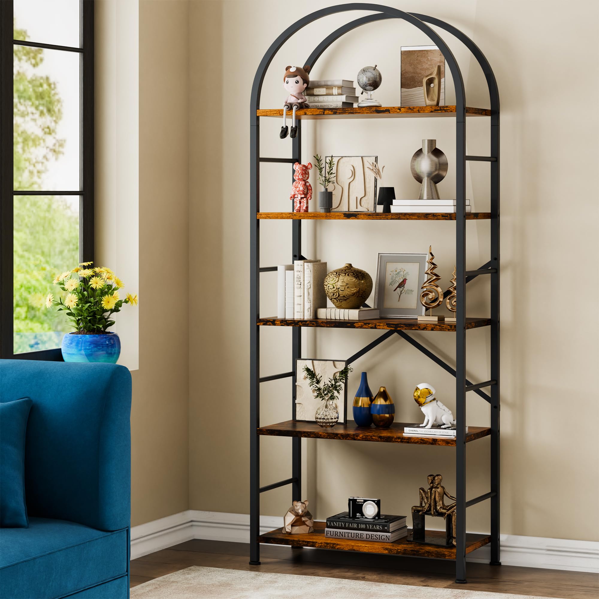 Meilocar 5 Tiers Bookshelf Arched, Wooden Bookcase Display Rack with Metal Frame, Modern Book Rack Free Standing Storage Shelves for Home Office,
