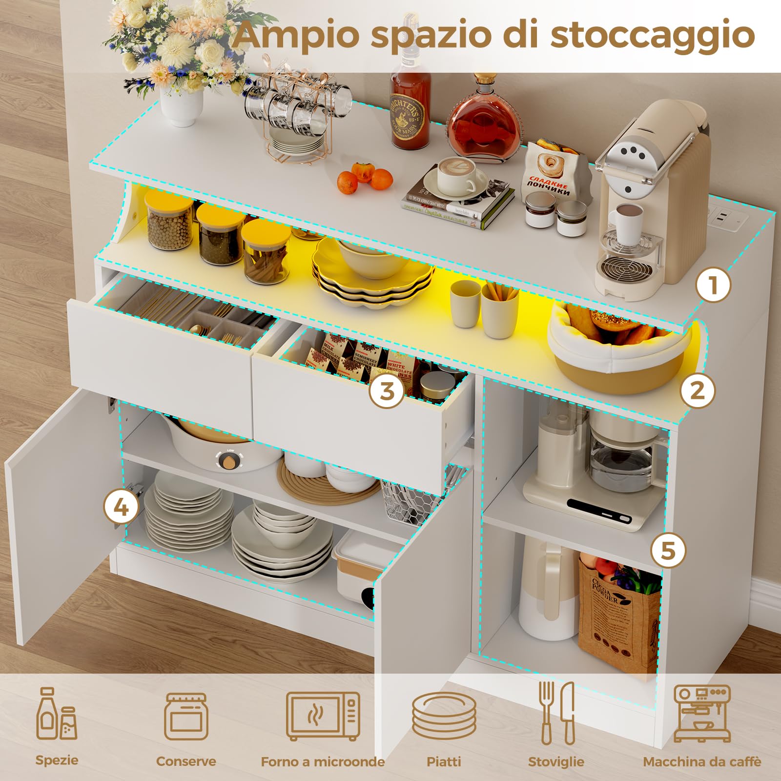BEWISHOME Credenza cucina, mobile buffet, armadio domestico con multipresa e striscia luminosa a LED, piano di lavoro e 2 cassetti, ripiani regolabili, cucina, soggiorno, 100x80x35 cm, Bianco