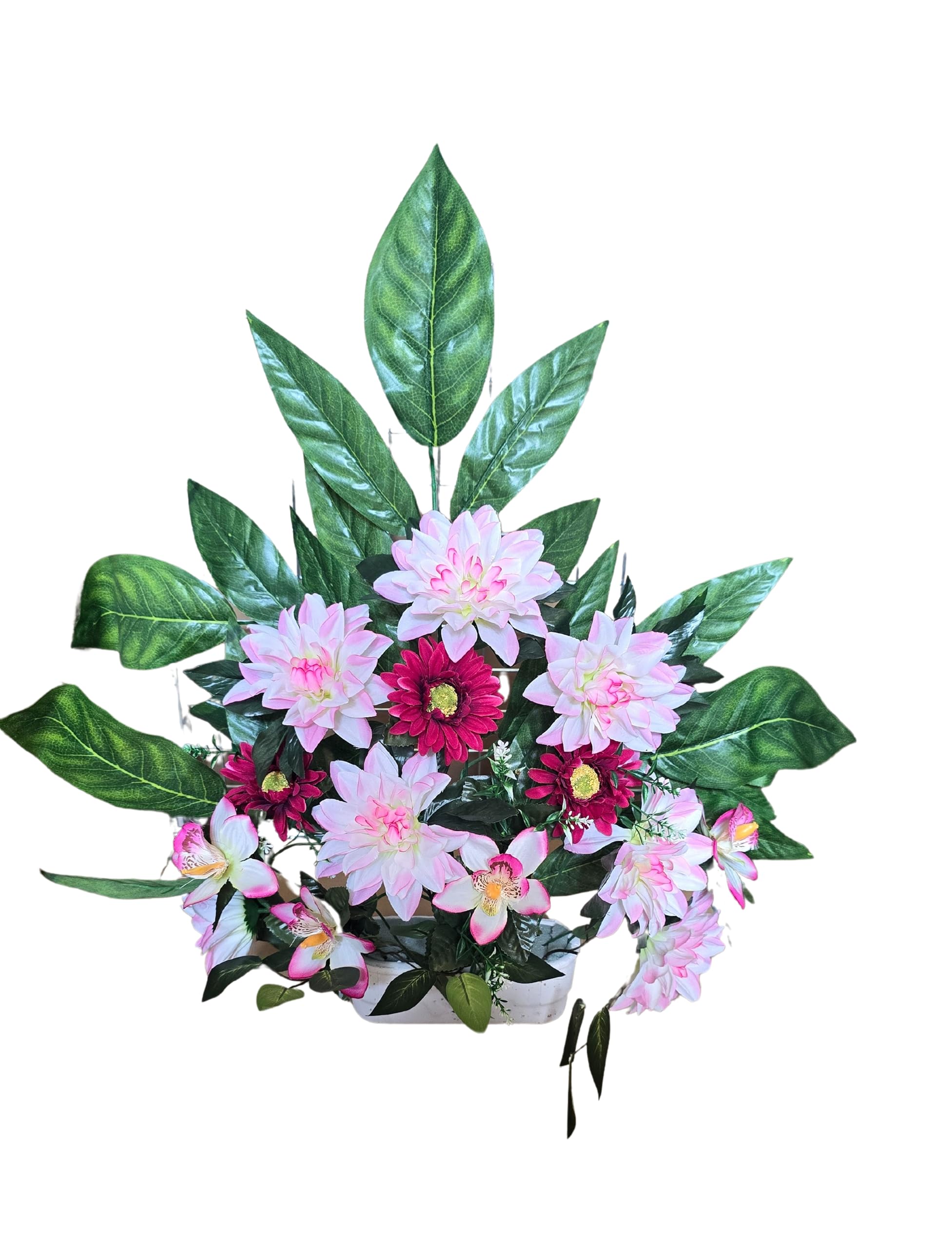 Centro floral para cementerio resistente al sol en tonos rosa y fucsia