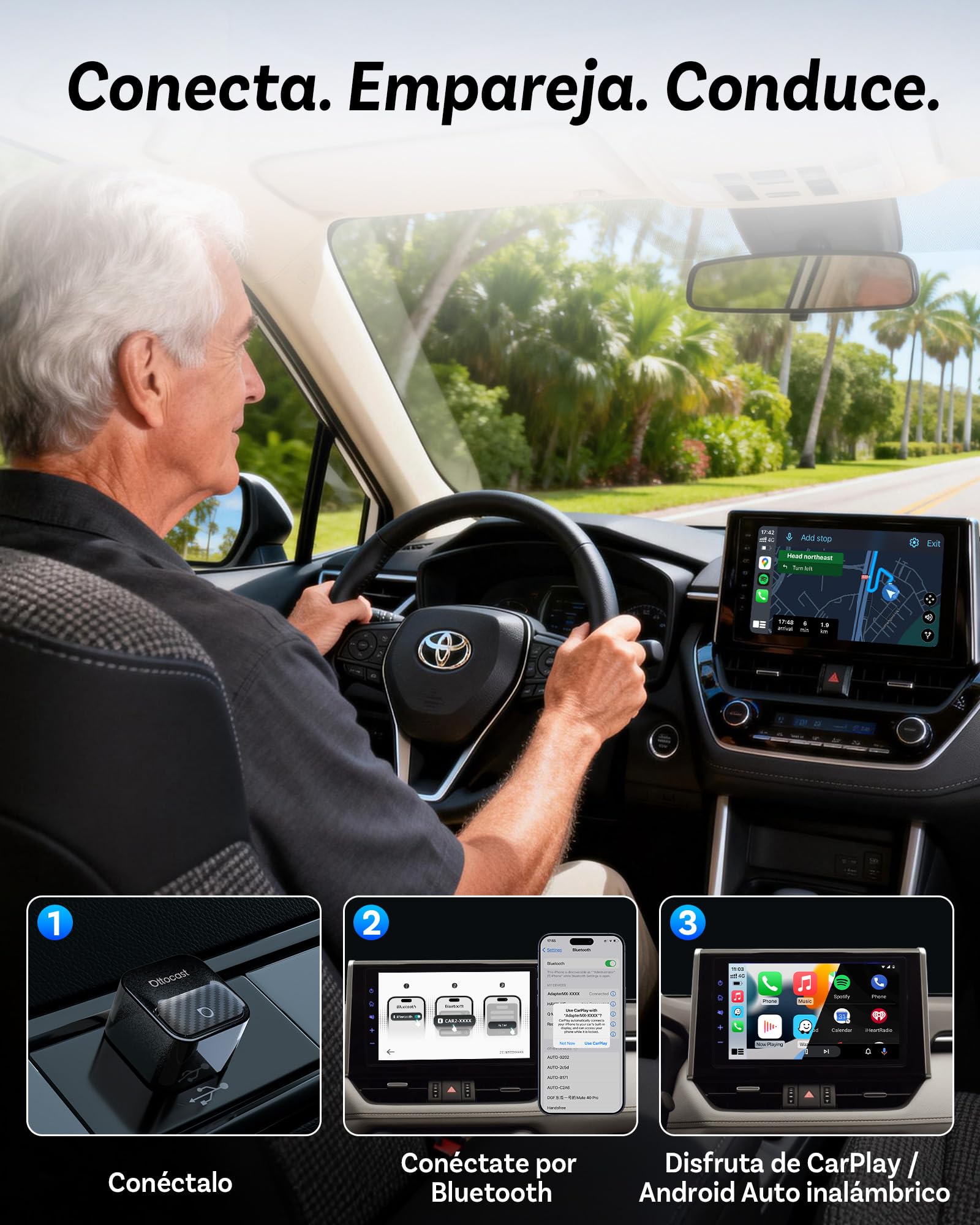(2026 Upgraded)OTTOCAST Adaptador CarPlay Inalámbrico y Android Auto 2 en 1 | Ottocast Mini Core con Cambio de Teléfono en Un Solo Botón, WiFi 6 y Bluetooth 5.4,Convierte con Cable en Inalámbrico