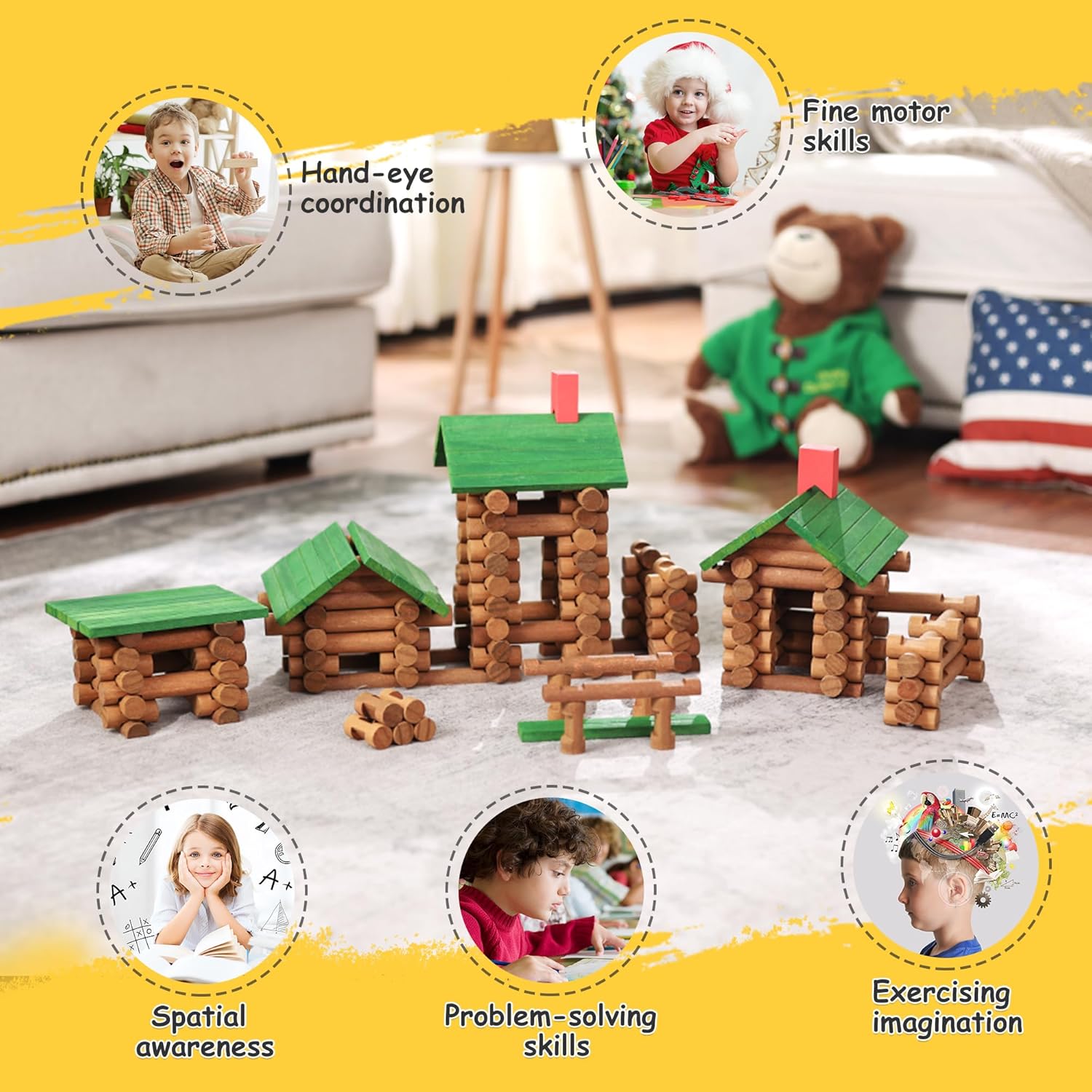 SainSmart Jr. 306 PCS Wooden Log Cabin Set with Storage Box Building House Toy for Toddlers, Classical STEM Construction Kit Compatible with Lincoln Logs, Ideal Gift for 3+ Boys & Girls