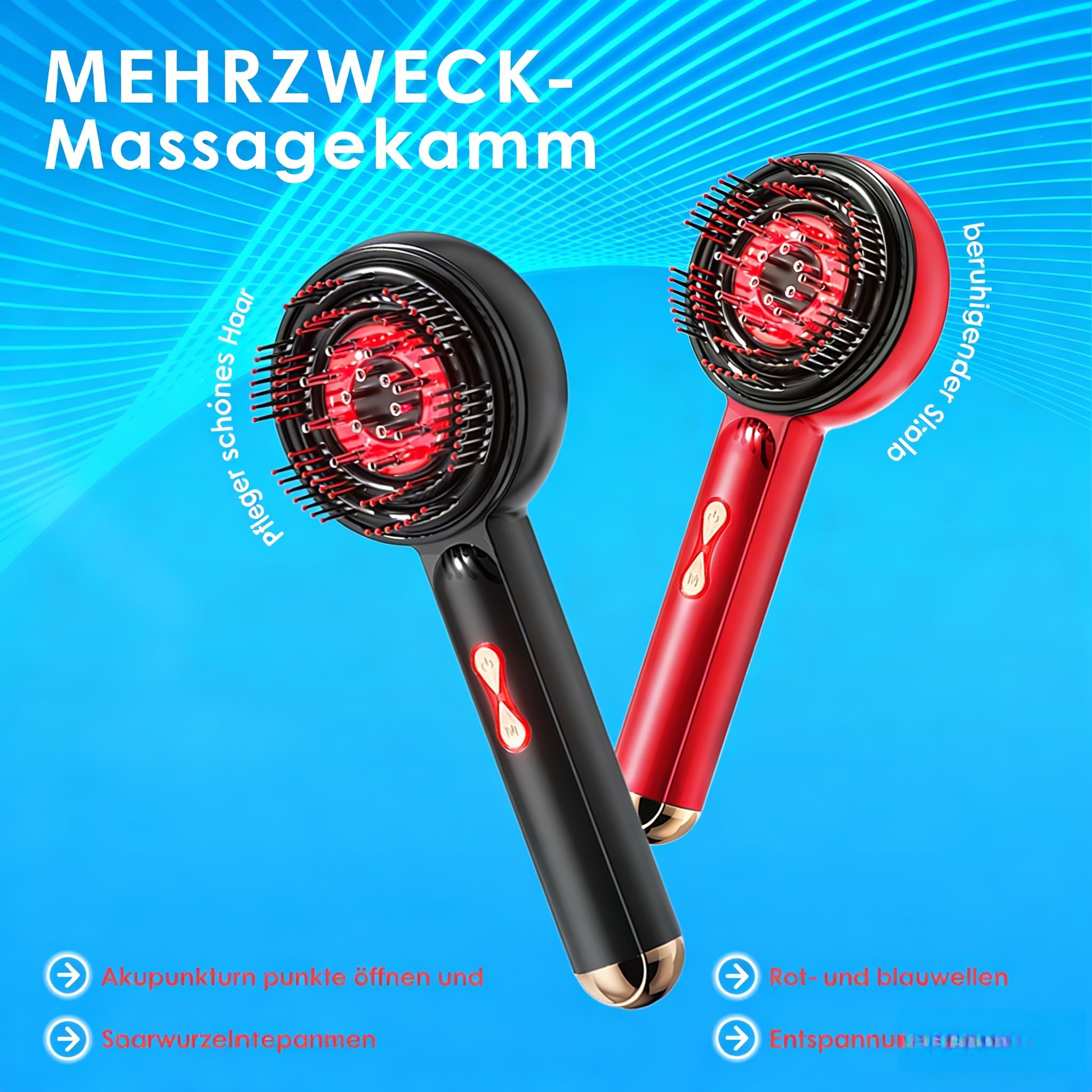 Elektrischer Kopfhautmassagegerät mit Rotlichttherapie für Haare, 2-in-1 Multifunktions-Kopfhautmassagekamm, kabellos & tragbares Haaröl-Applikator für den Hausgebrauch