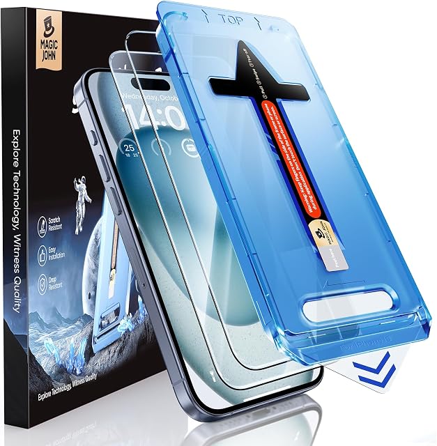 MAGIC JOHN 2 Pack for iPhone 15 Tempered Glass Screen Protector 6.1 inch, Auto Dust-Elimination Installation,Dynamic Island Compatible, HD Clear, Easy Installation