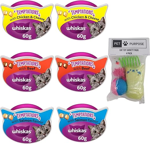 Whiskas Temptations Cat Snacks Variety Bundle | 6x Whiskas Temptations 60 g (2x Chicken n Cheese 2x Beef 2x Salmon) | 1x Pet Purpose Cat Toy Variety Pack