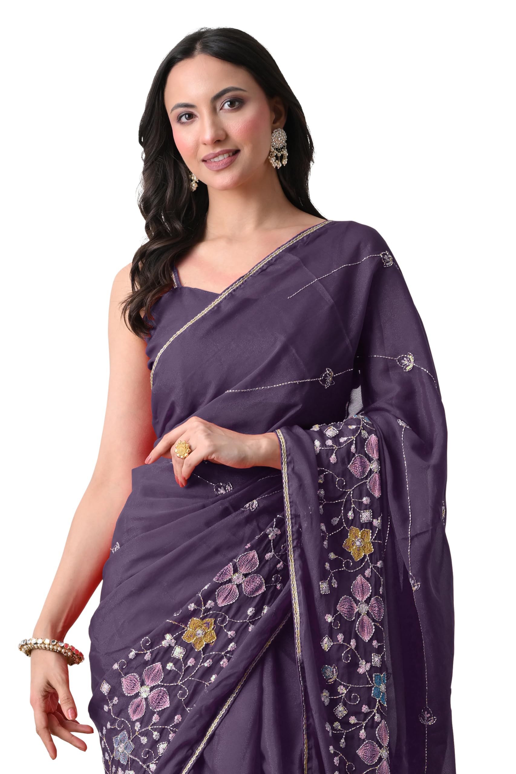 mirchi fashion Women's Georgette Embellished Saree with Blouse Piece (60661 - Light Pink)-picture-33