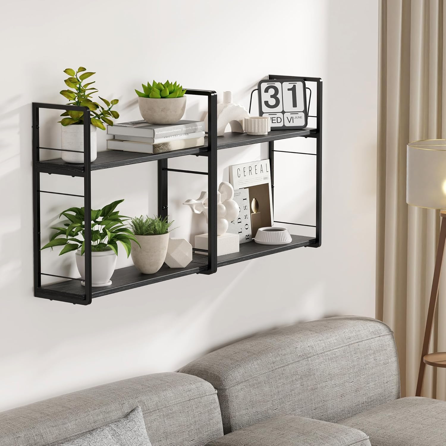 2-Layer Wall Bookshelf for Book Storage, Floating Book Shelves for Wall, Space Saver, 16in Stud Hanging Books helf, Bedside Shelf for Living Room Bedroom Office Coffee Corner, 2 Packs-Black