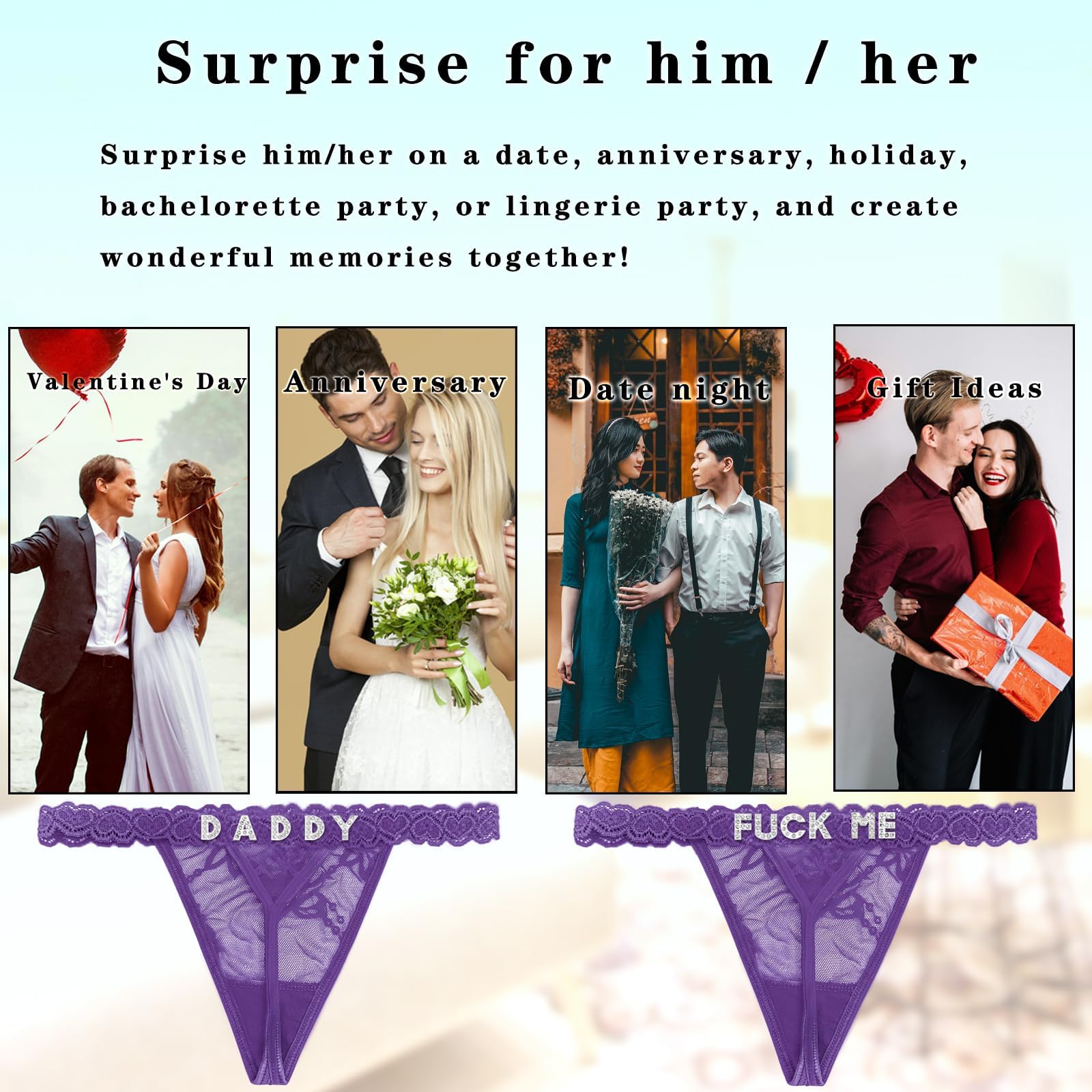 Eoribag Women's Personalized Thongs with Funny Rhinestone Letters, Custom Name Underwear Panties for Couples: F4-fuckme-purple Medium