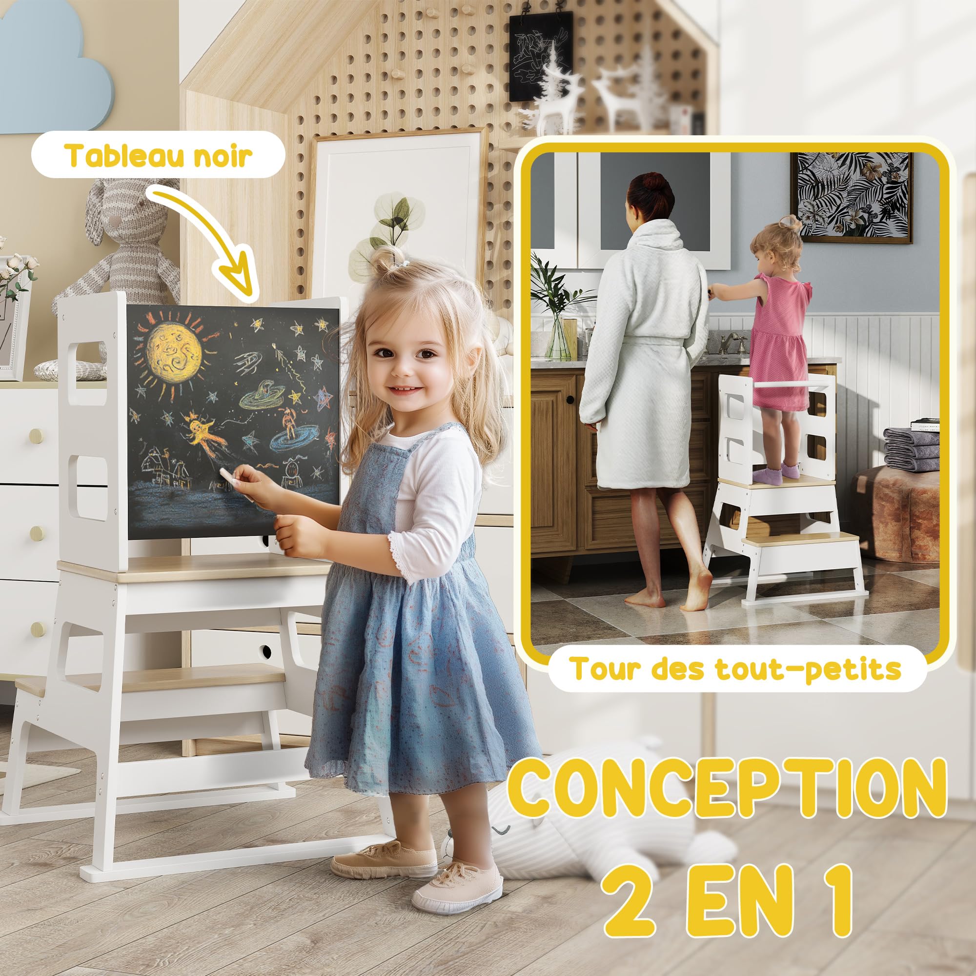 AIYAPLAY Tour d'observation Enfant, Tour d'apprentissage, Structure trapézoïdale 2 en 1, Tableau Noir, barrière de sécurité, pour 3-6 Ans, Blanc