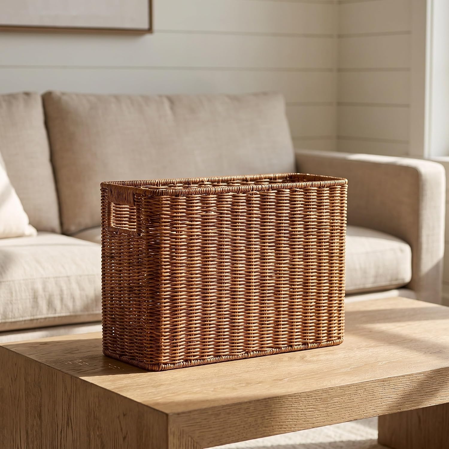 Didiseaon Japanese Rattan Storage Bin, Narrow Magazine Book Organizer Box
