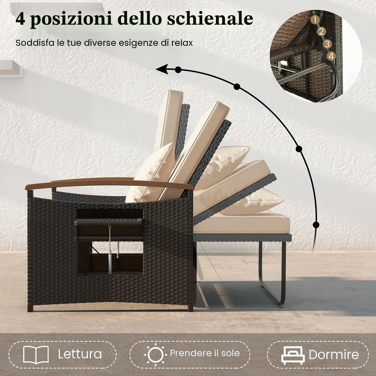 GIANTEX Divano da Giardino in Rattan a 2 Posti con Funzione Allungata, Set di Mobili in Rattan con Sgabello, Doppia Sedia a Sdraio per 2 Persone, 3 Colori (Cuscino Beige)