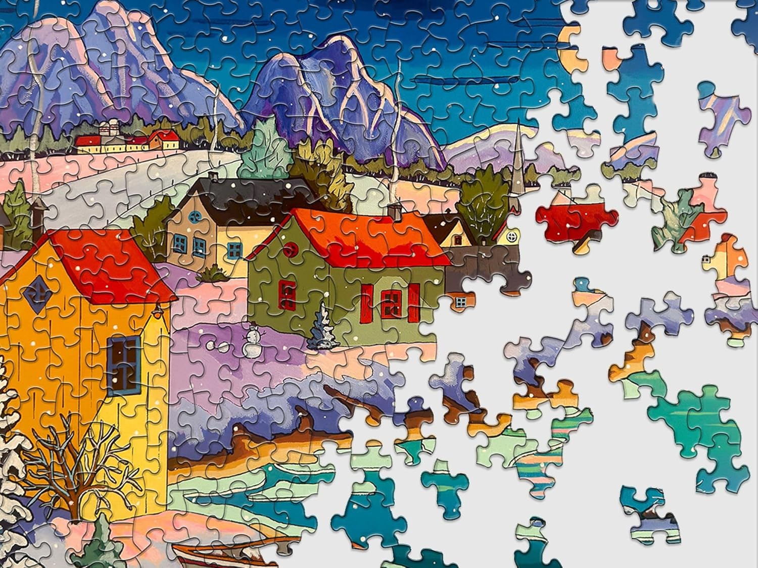 Springbok Moonlit Winter Village 500 Piece Puzzle for Adults - Peaceful Winter Puzzle Featuring a Cozy Snowy Village by a Moonlit Lake