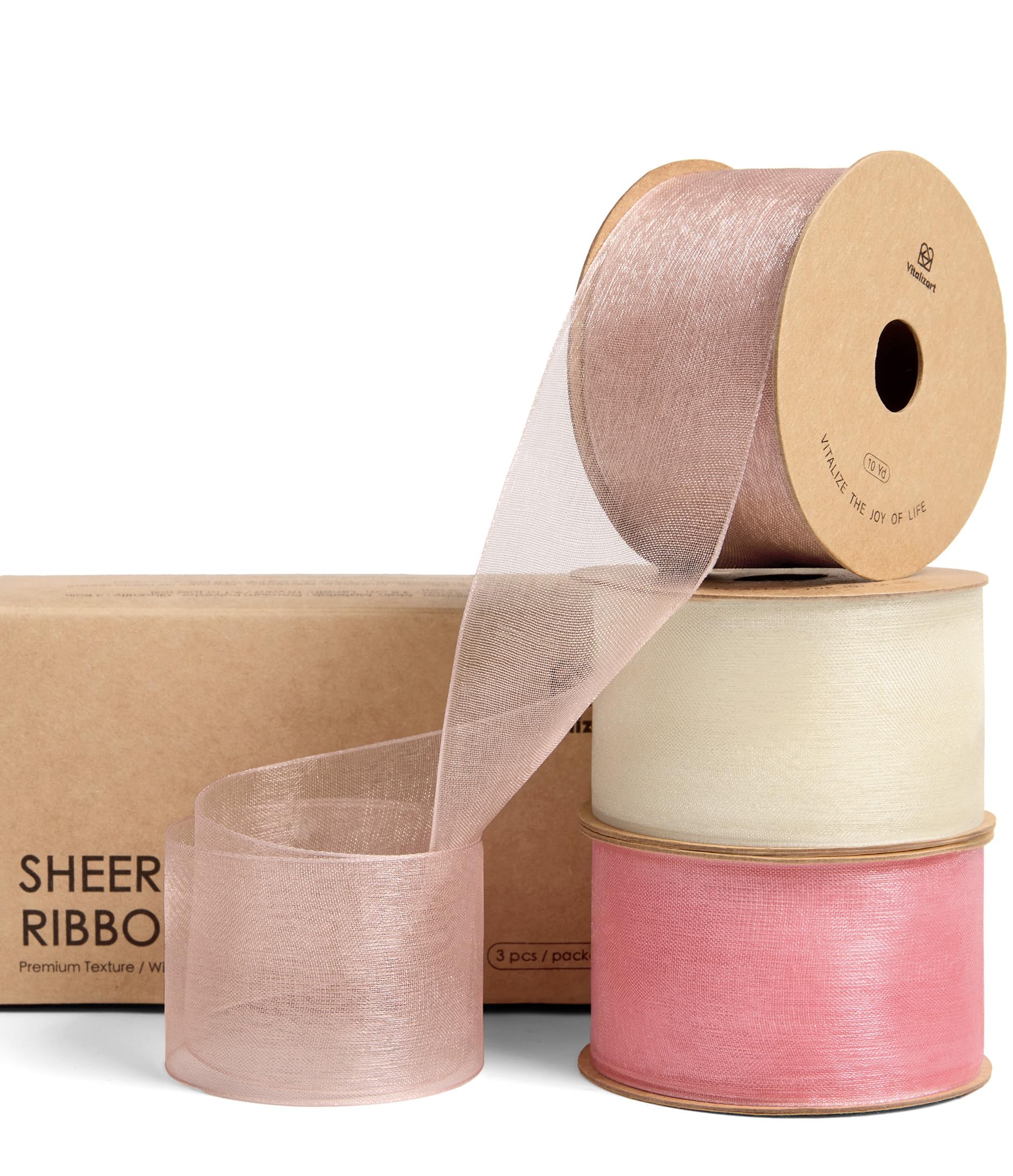 Vitalizart 1.5" x 30 Yd Pink & Cream Organza Ribbon 3 Rolls x 10 Yd, Fabric Sheer Ribbons for Gift Wrapping, Crafts, Wedding Invitations, Christmas Wreath Bows, Bouquet