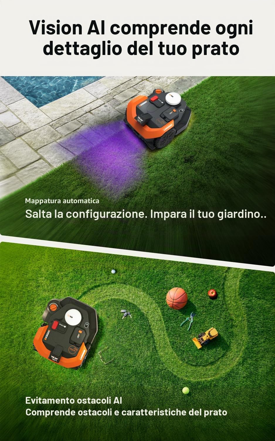 WORX Landroid Vision Cloud WR318E - Robot tosaerba 2WD senza cavo perimetrale per 1800 m² con modulo Cut to Zero (AI Obstacle Detection, VSLAM+ RTK Cloud Navigation, Auto Mapping, App Control)