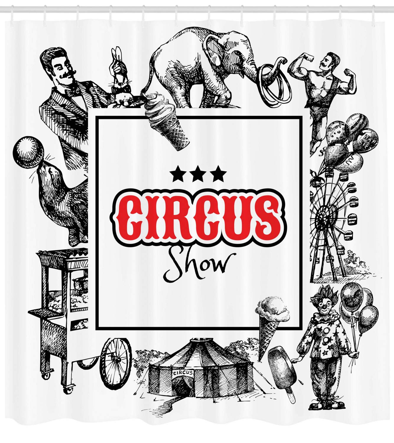 Ambesonne Vintage Shower Curtain, Circus Show Logo with Magician Creepy Tricks Performance Sketchy Art, Cloth Fabric Bathroom Decor Set with Hooks, 69
