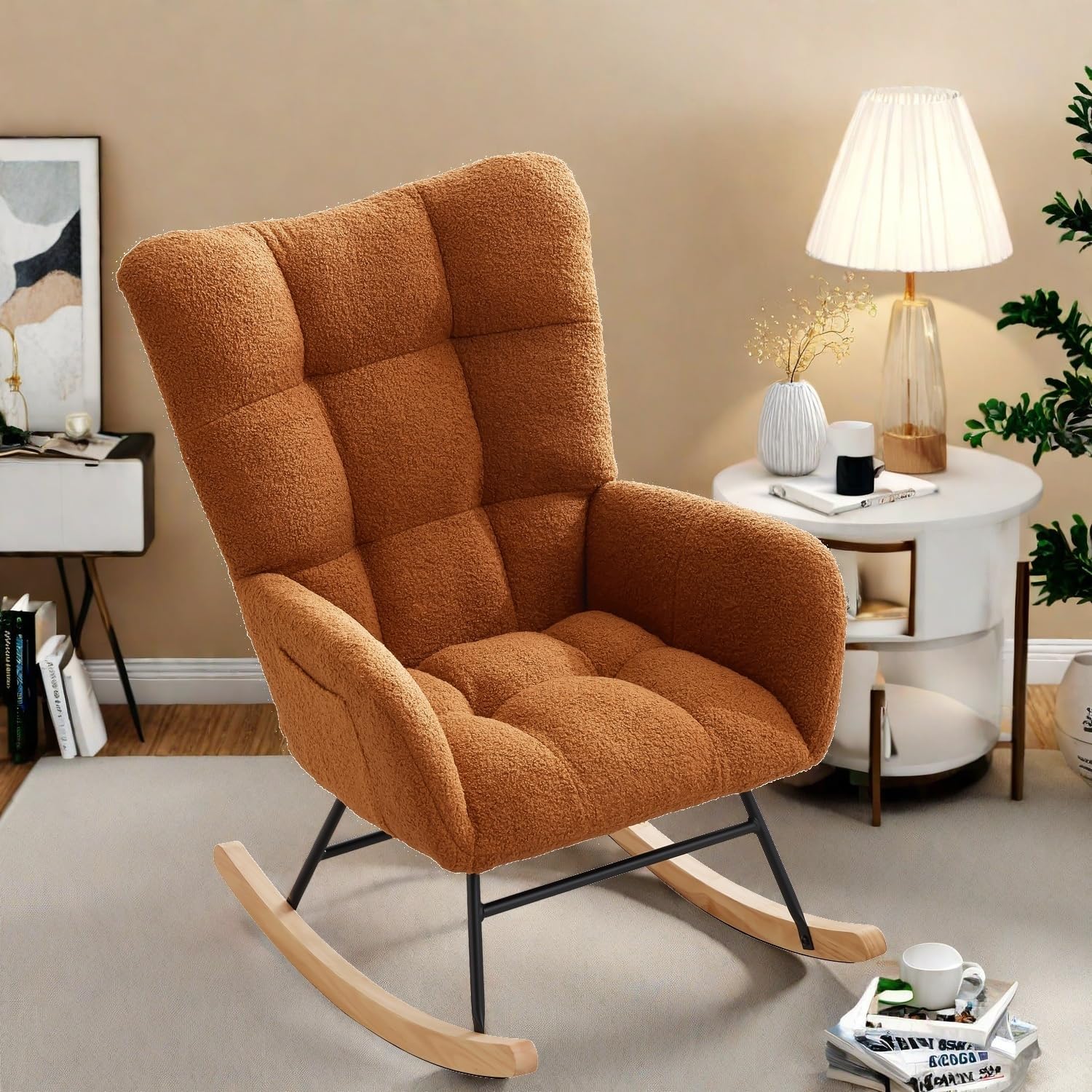 GarveeHome Rocking Chair Nursery, Teddy Upholstered Glider Chair with High Backrest, Armrest and Side Pockets, Modern Comfy Accent Armchair Reading
