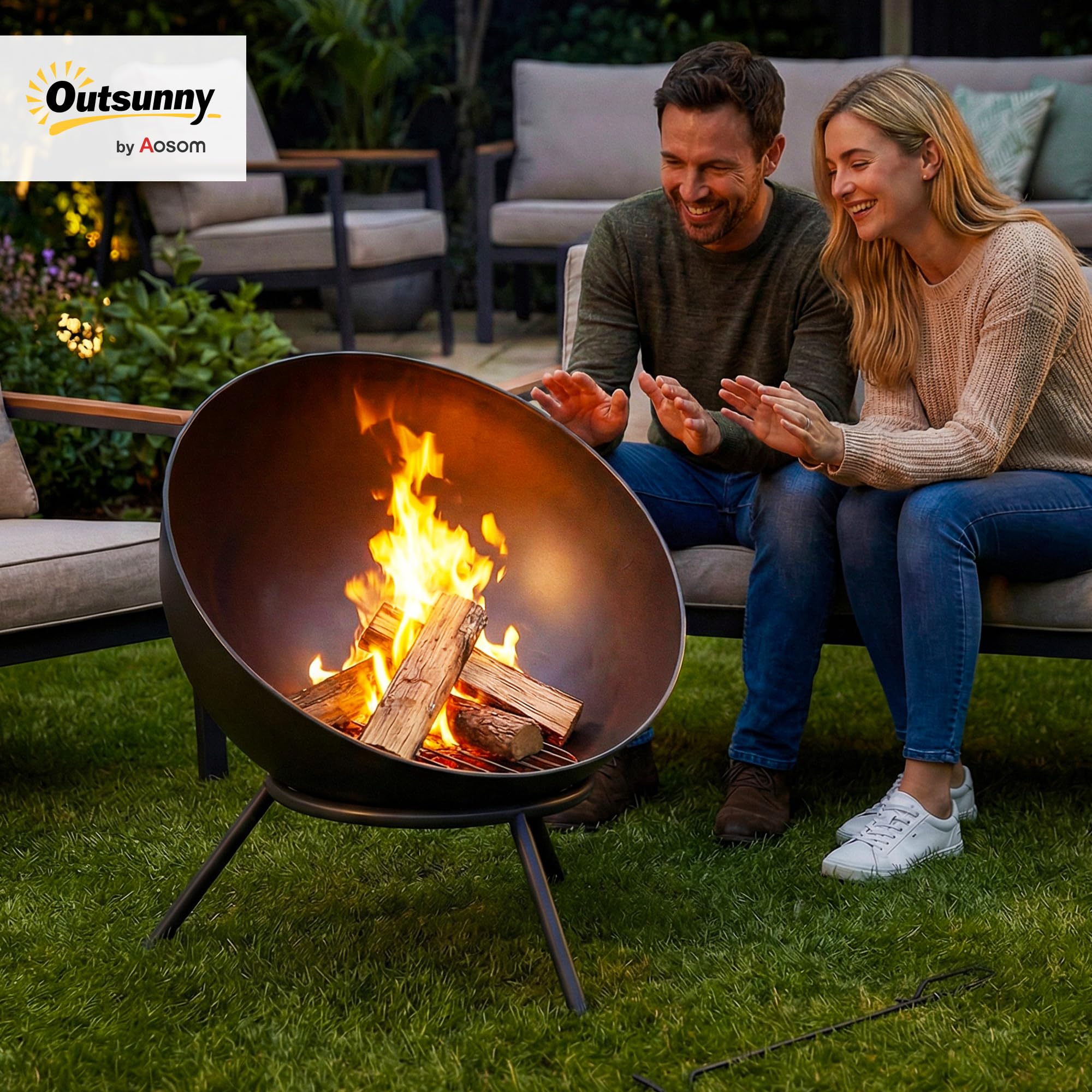 Outsunny Feuerschale 60 x 53 x 66cm Verstellbare Feuerstelle Schwarz | Schürhaken, Kohlegitter, Ständer, Feuerschalen Feuerkorb, für Garten Balkon Terrasse, Outdoor BBQ Camping
